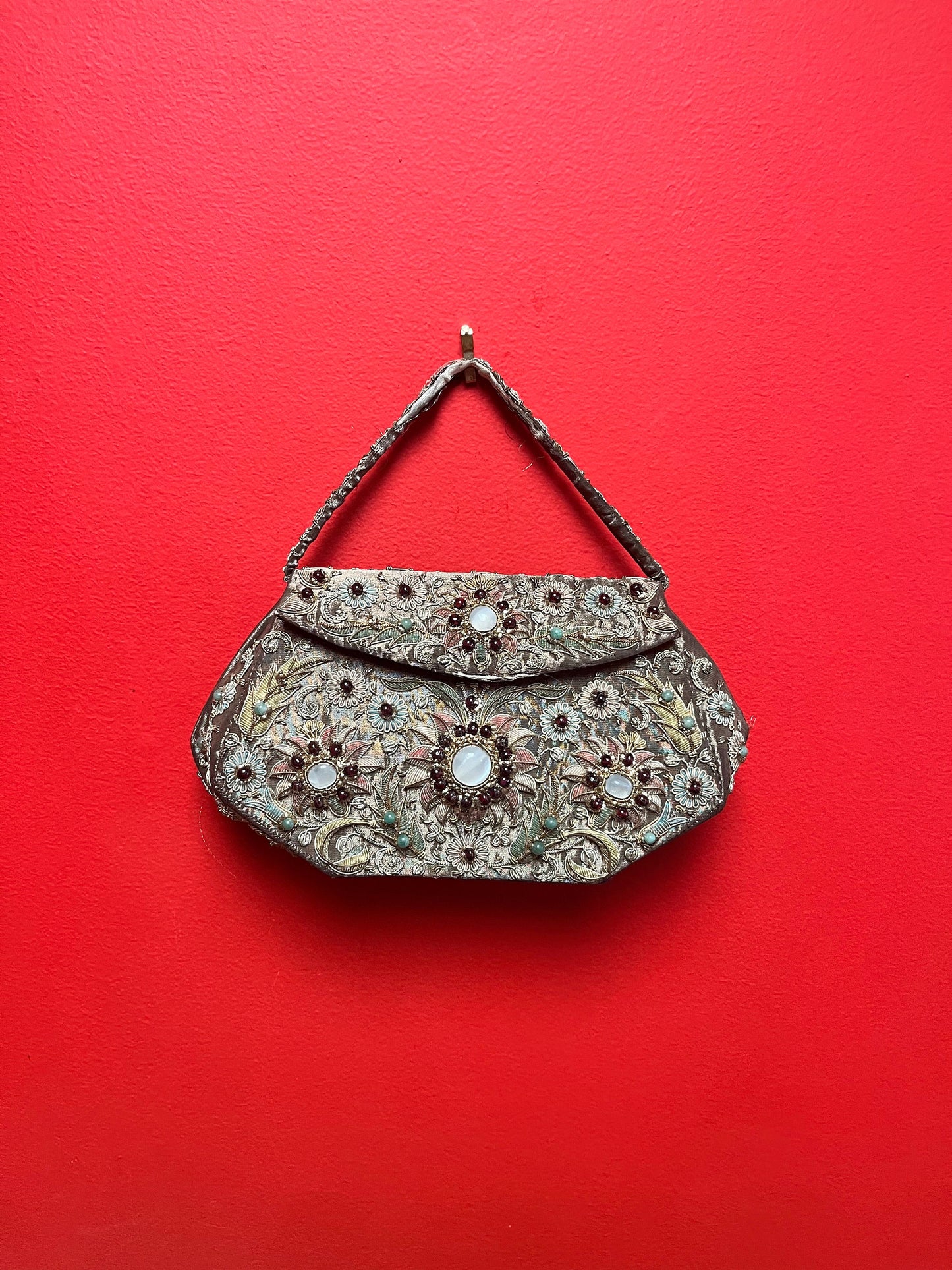 10 x 9 high rare Mughal purse with moonstone jade and real silver and gold - spectacular piece  wow  as is on handle