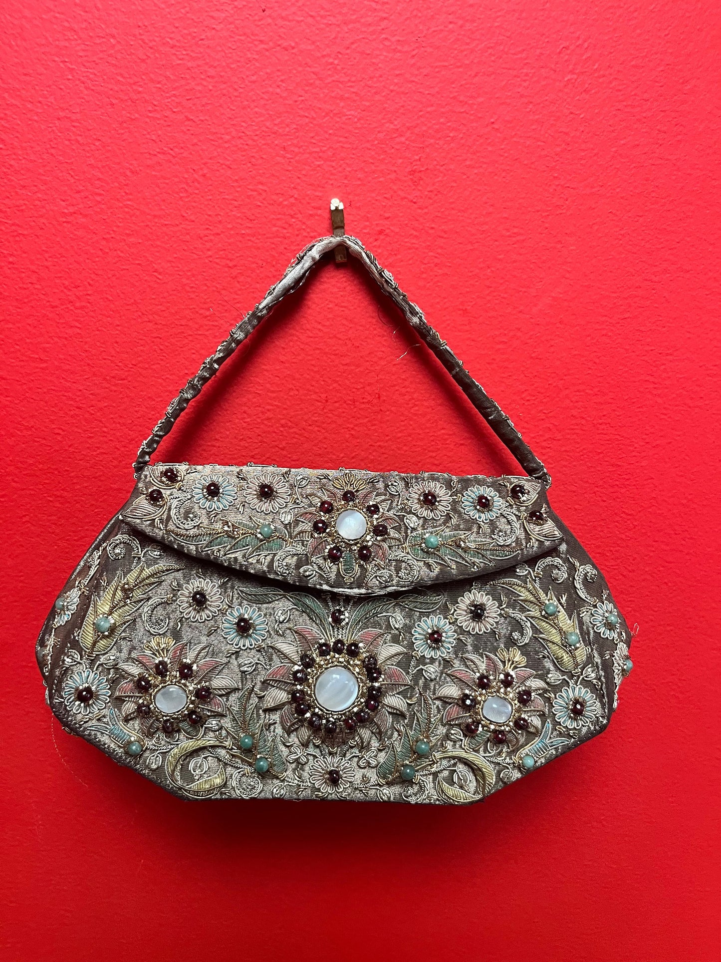 10 x 9 high rare Mughal purse with moonstone jade and real silver and gold - spectacular piece  wow  as is on handle