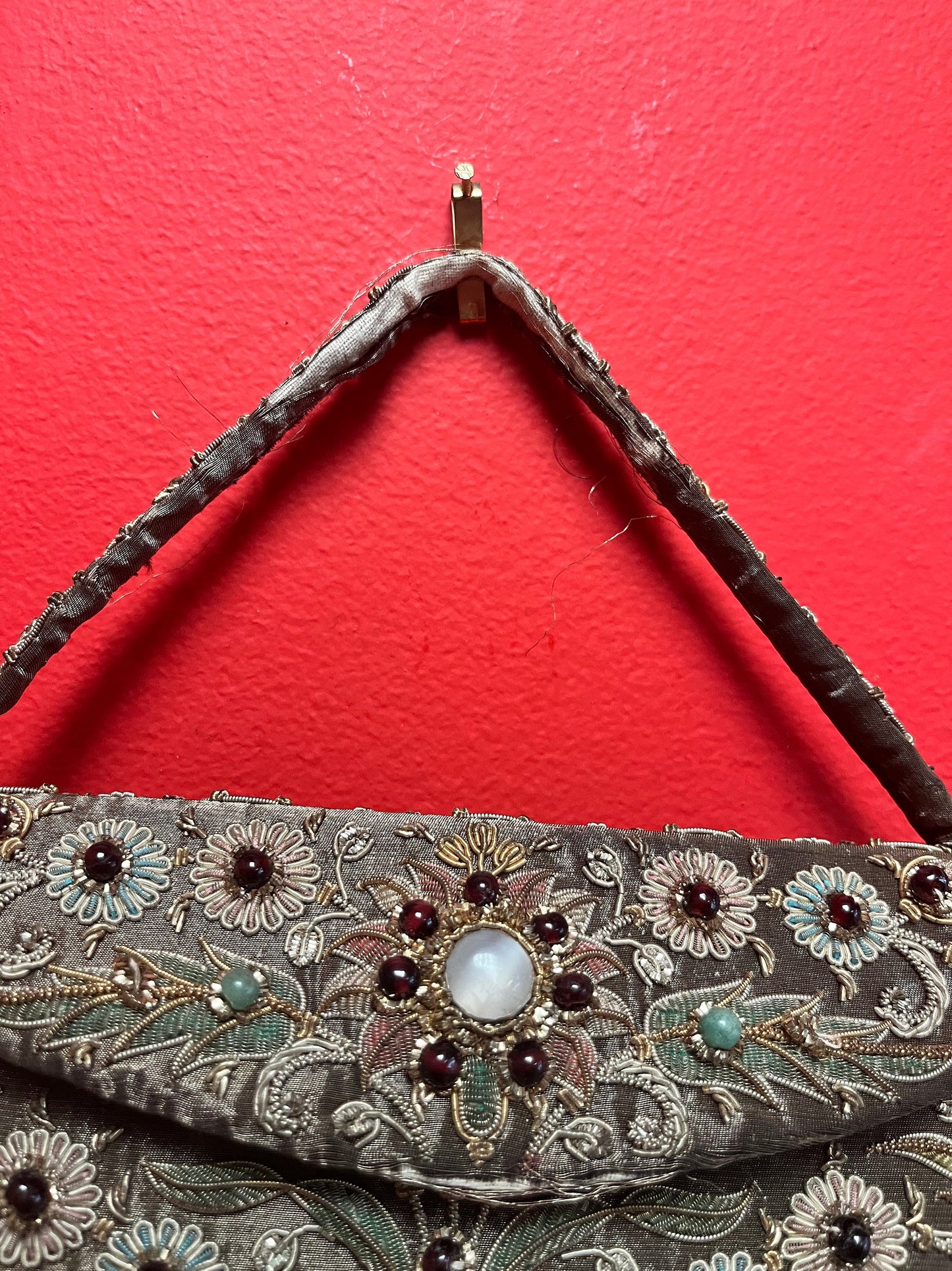 10 x 9 high rare Mughal purse with moonstone jade and real silver and gold - spectacular piece  wow  as is on handle