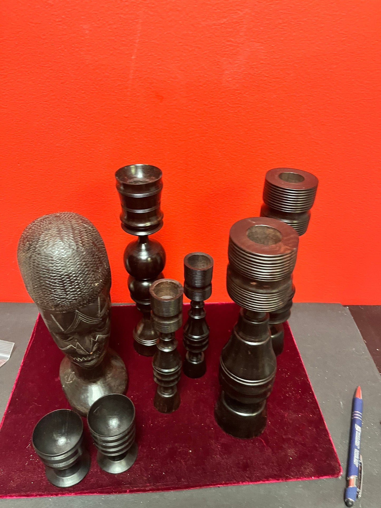 African 1960s wood Ebony lot  beautiful, bust and tall candle sticks 9 inches tall  unbelievable quality  great value for gifts or resell