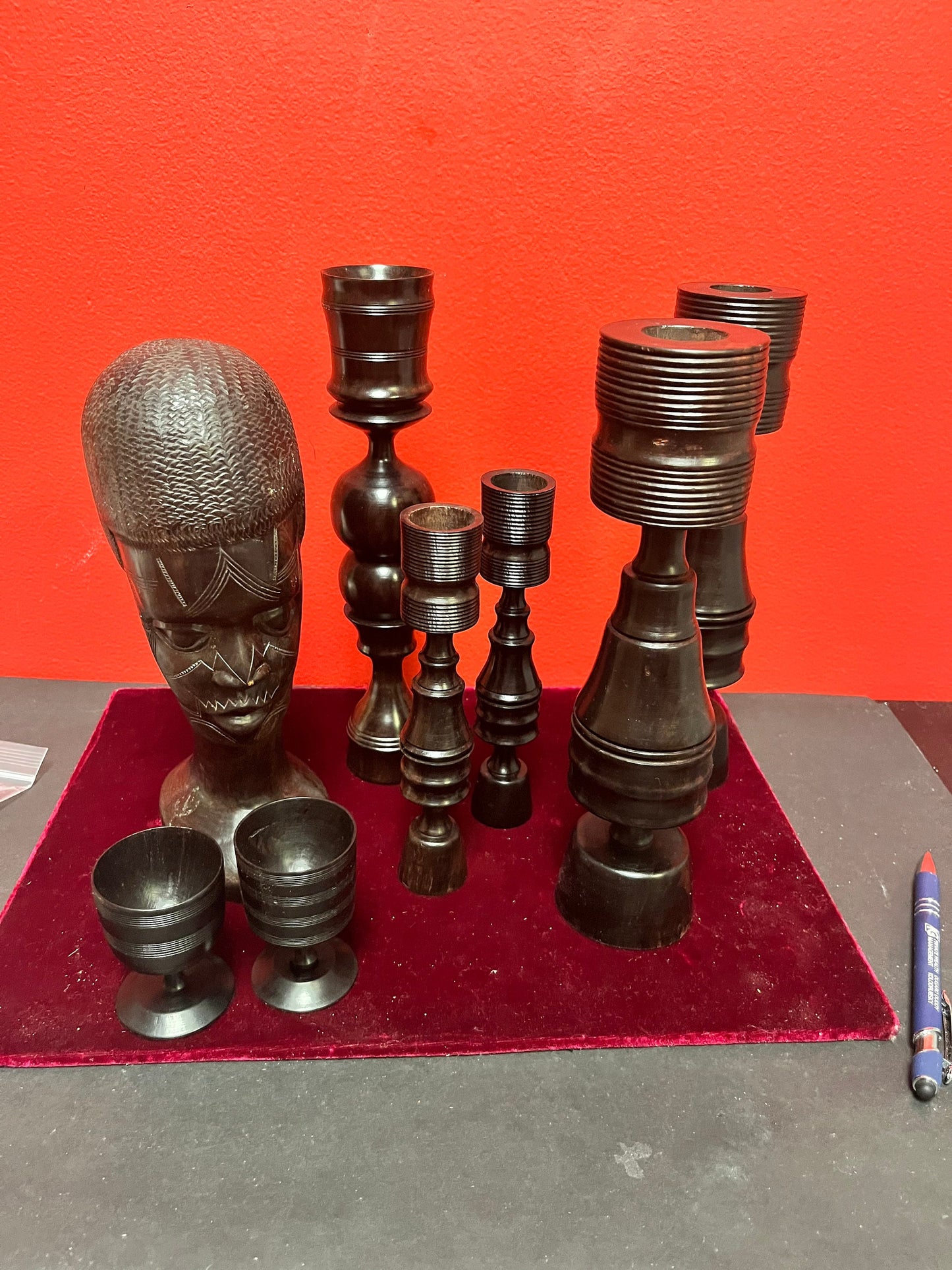 African 1960s wood Ebony lot  beautiful, bust and tall candle sticks 9 inches tall  unbelievable quality  great value for gifts or resell