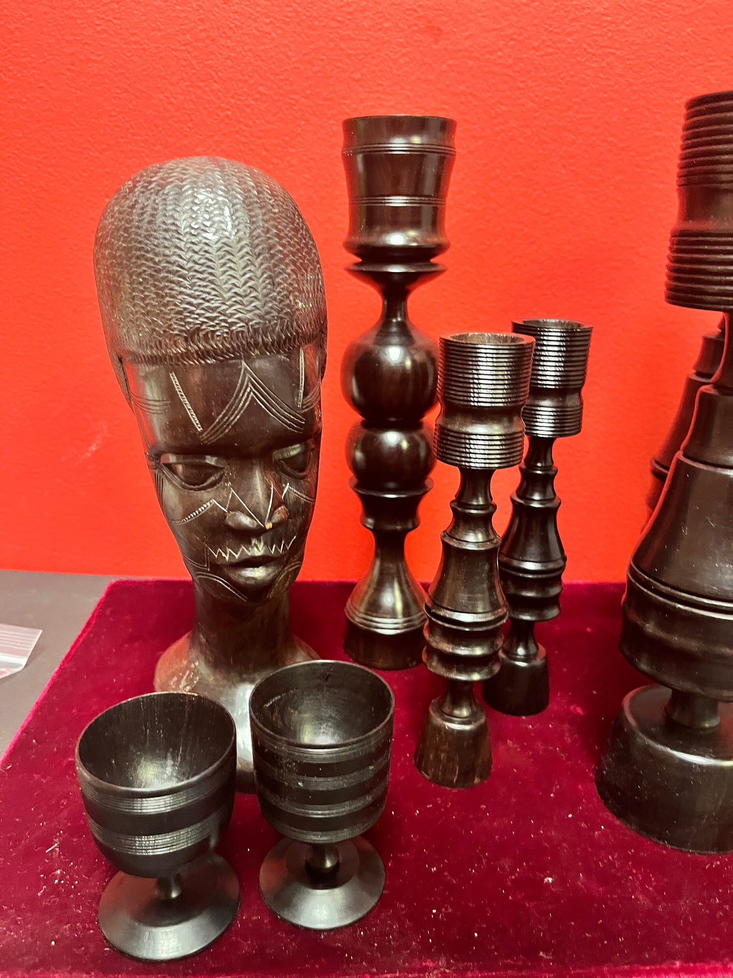 African 1960s wood Ebony lot  beautiful, bust and tall candle sticks 9 inches tall  unbelievable quality  great value for gifts or resell