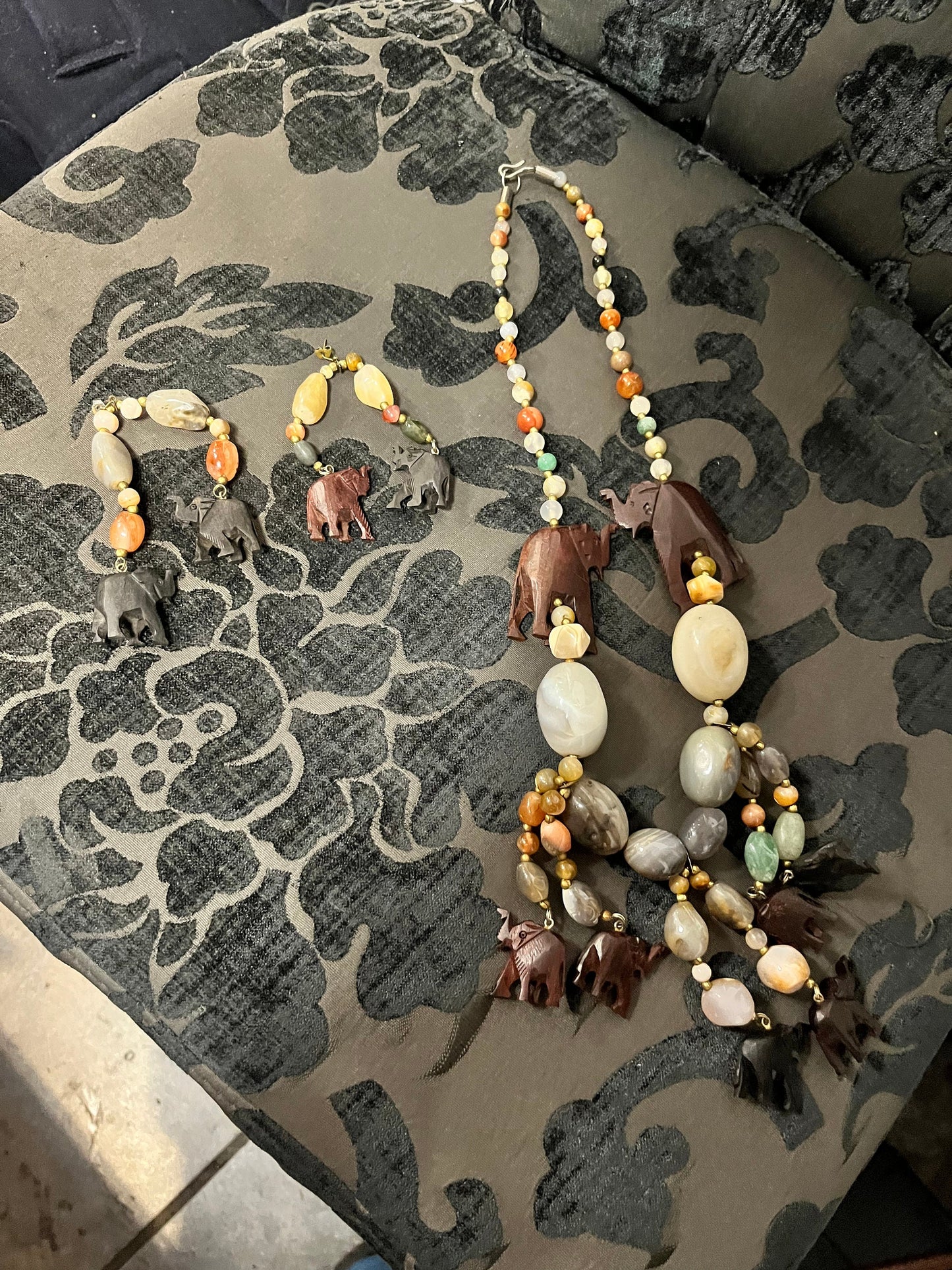 Absolutely awesome African necklace and earrings  stone and wood  necklace approximately 30 inches long  great gift