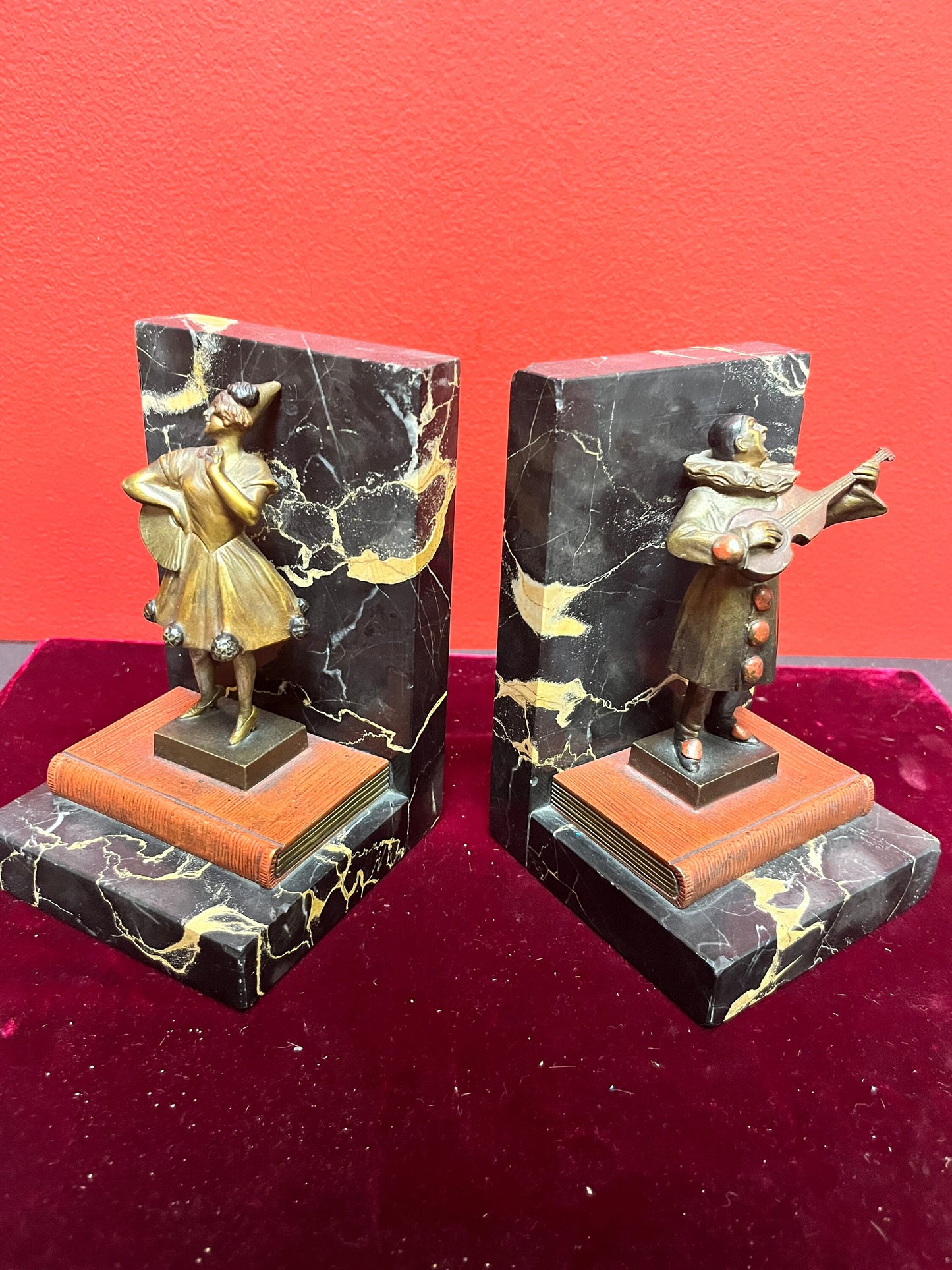 Absolutely stunning 5 1/2 inch high  possibly Franz Bergman Austrian cold painted bronze and marble musical Bookends  wow