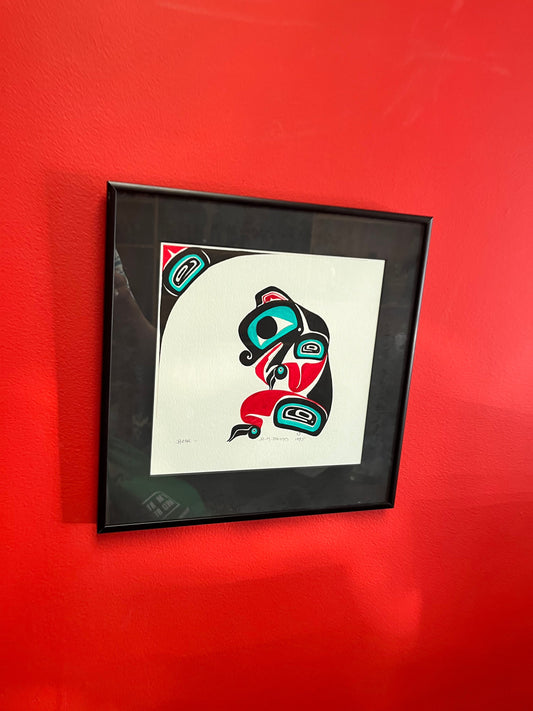 Stunning signed indigenous First  nations  original acrylic on paper in professional frame  wow  12 x 12 inches