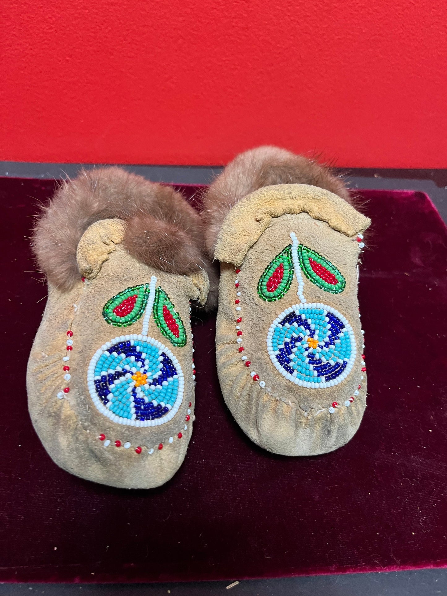 Small 6 inch long, indigenous First Nations leather and beaded moccasin shoes