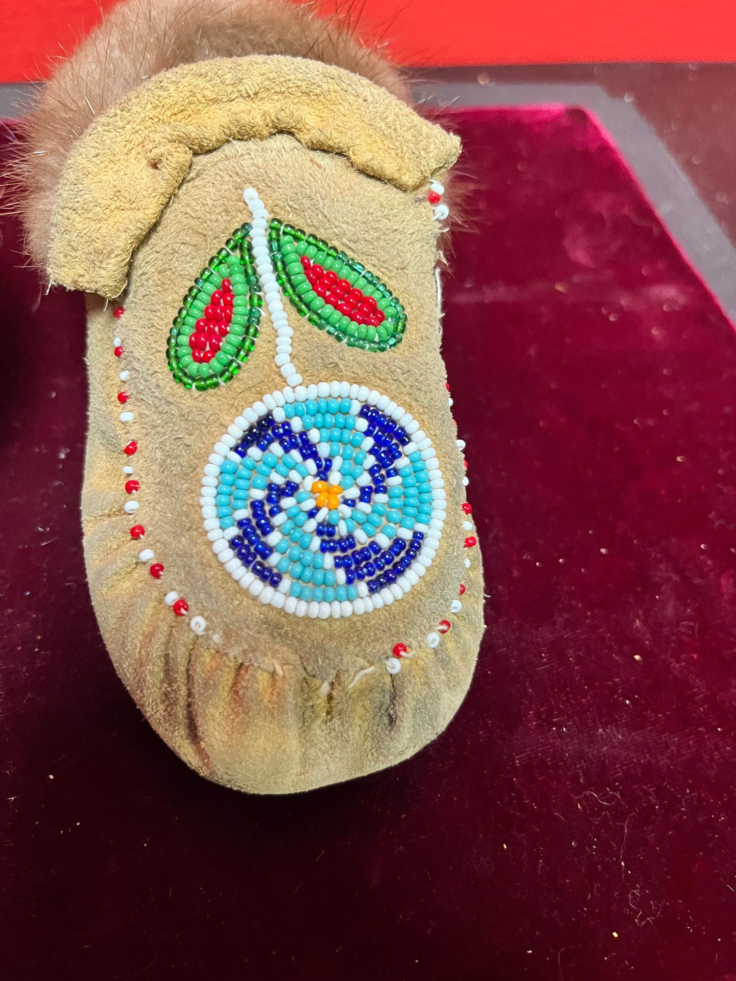 Small 6 inch long, indigenous First Nations leather and beaded moccasin shoes