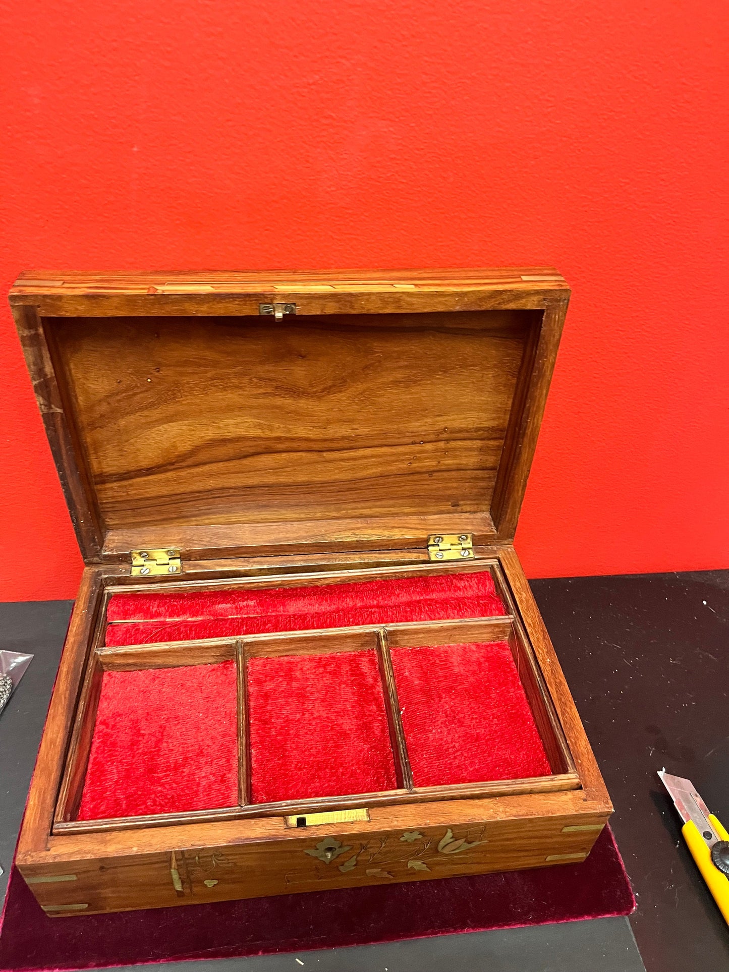 Lovely 12 x 8 x 4 high Indian wooden and brass jewellery box  great gift