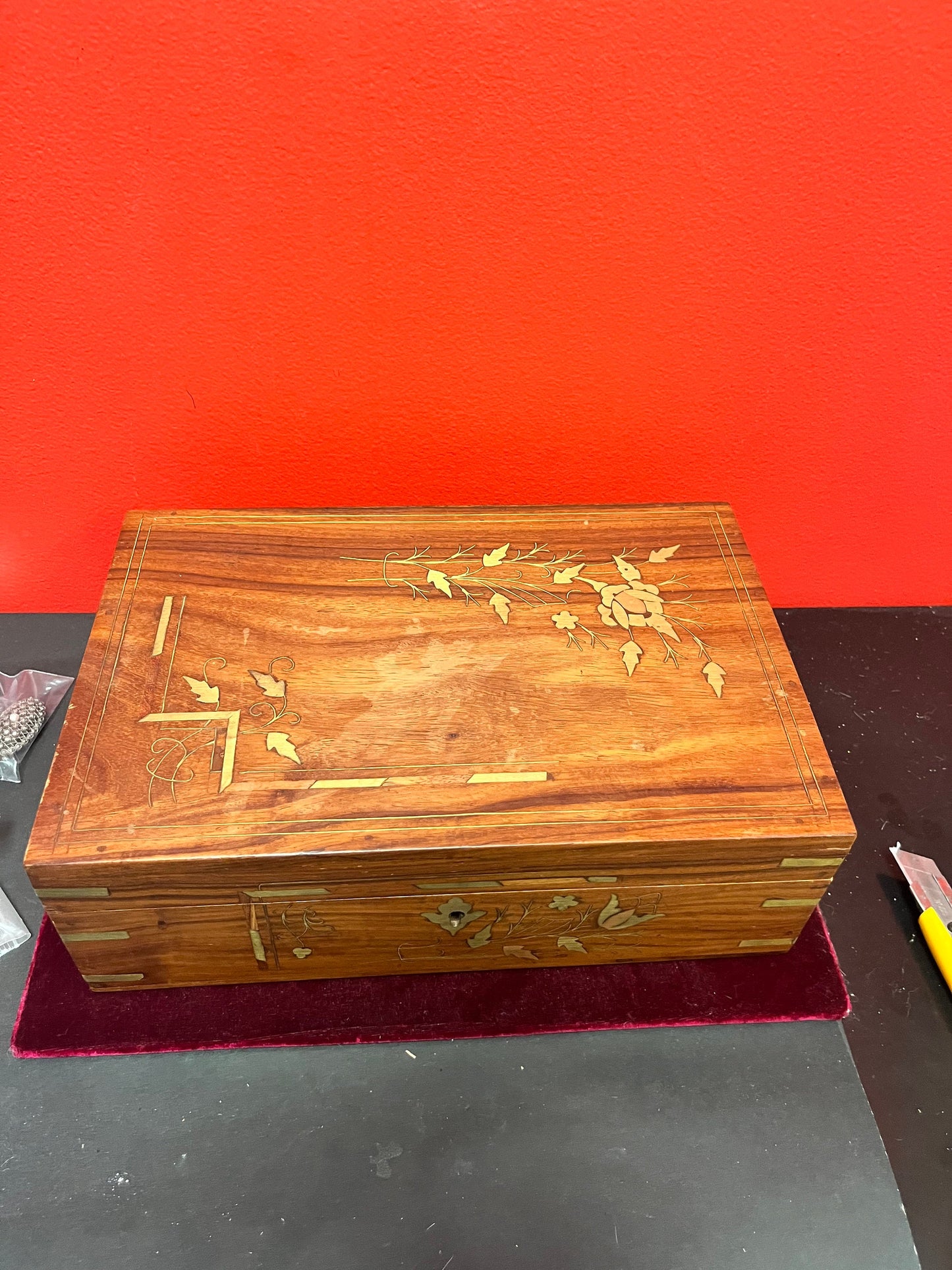 Lovely 12 x 8 x 4 high Indian wooden and brass jewellery box  great gift