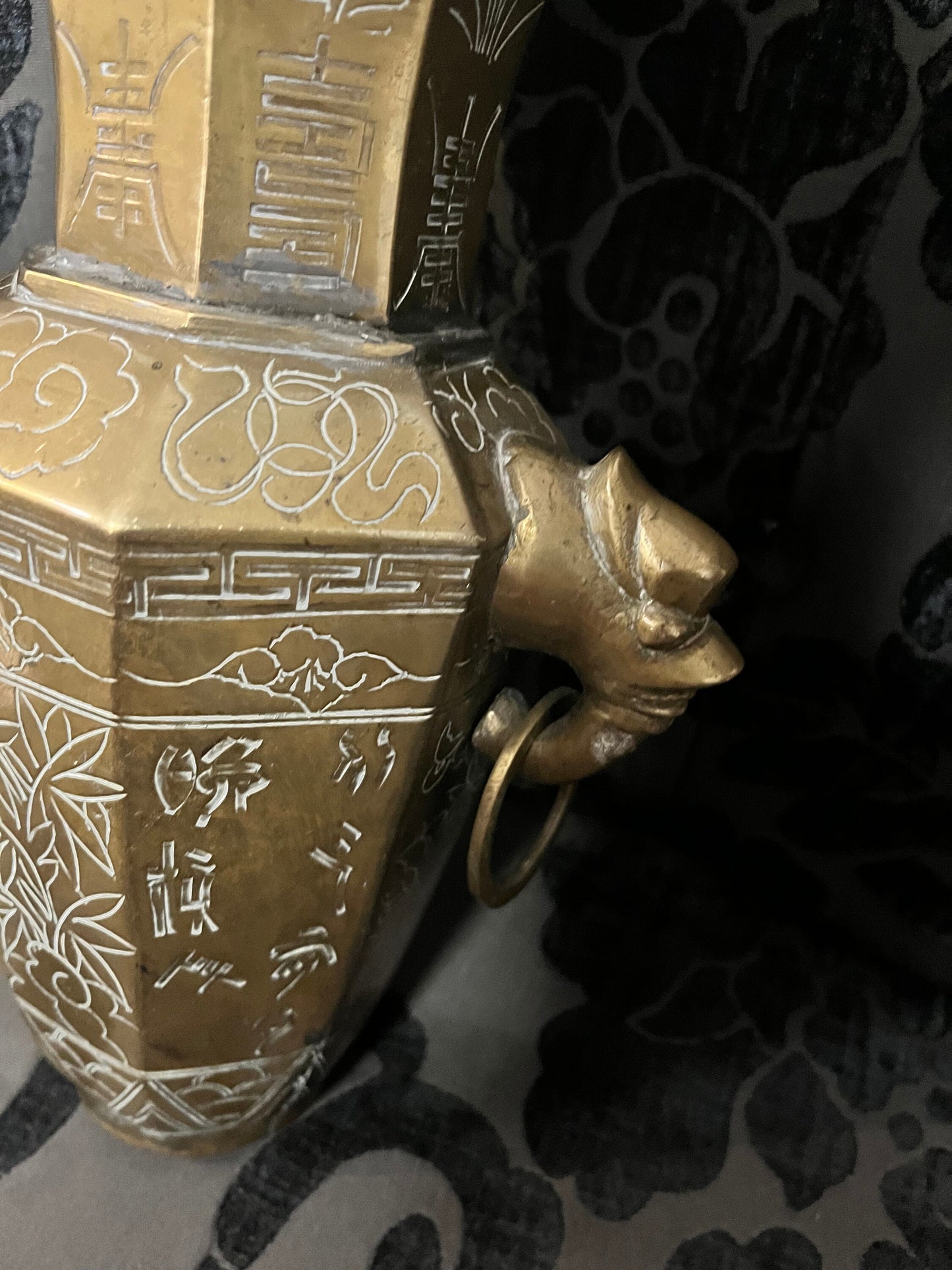 11 inch tall antique Chinese brass vase with elephant handles