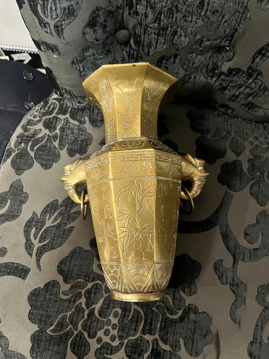 11 inch tall antique Chinese brass vase with elephant handles