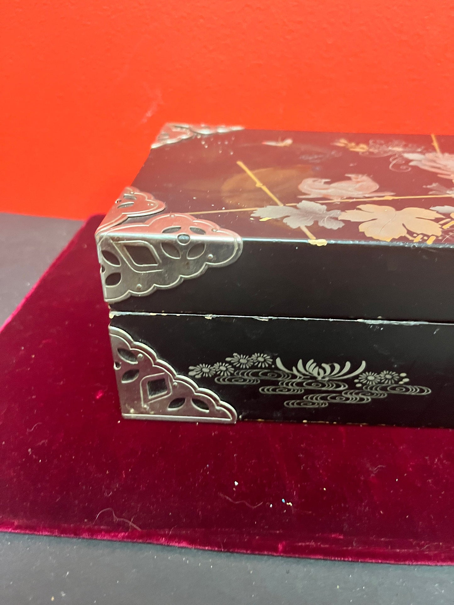 9.5 x 5.5 x 3 inches high signed Japanese  silver and wood box  couple scratches and marks   beautiful piece