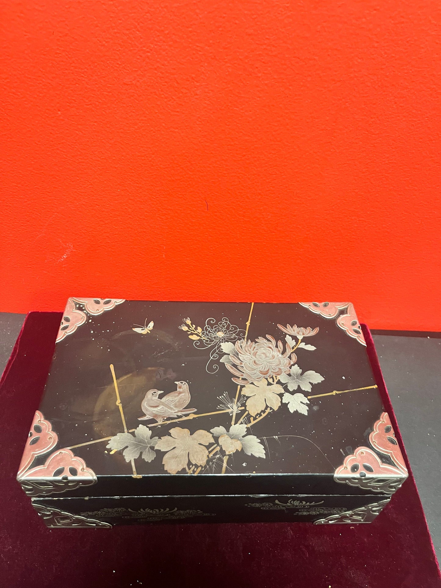 9.5 x 5.5 x 3 inches high signed Japanese  silver and wood box  couple scratches and marks   beautiful piece