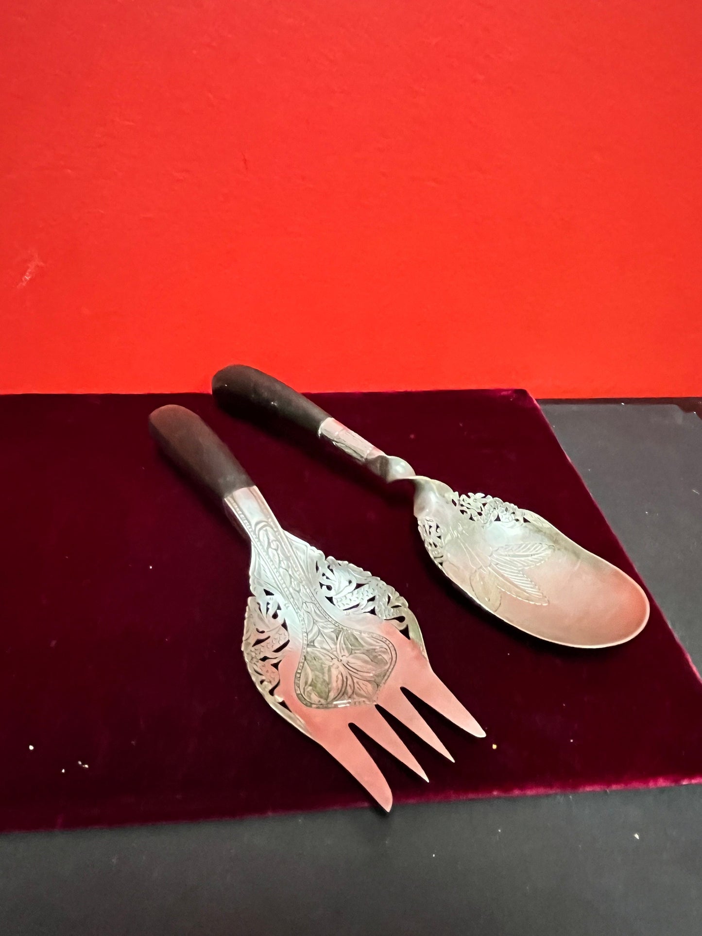 A  Pair lovely Southeast Asian silver and horn salad servers  marked  9 and 10 inches long  great gift