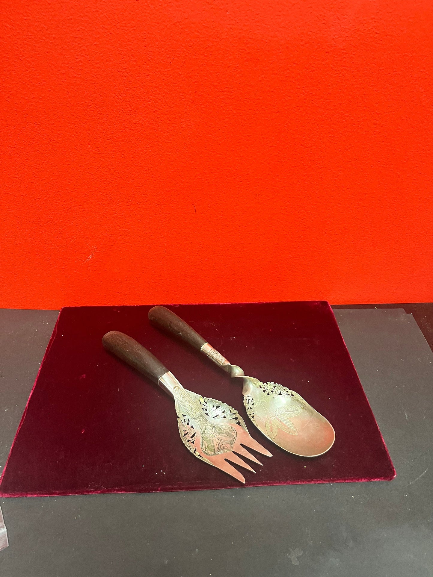 A  Pair lovely Southeast Asian silver and horn salad servers  marked  9 and 10 inches long  great gift