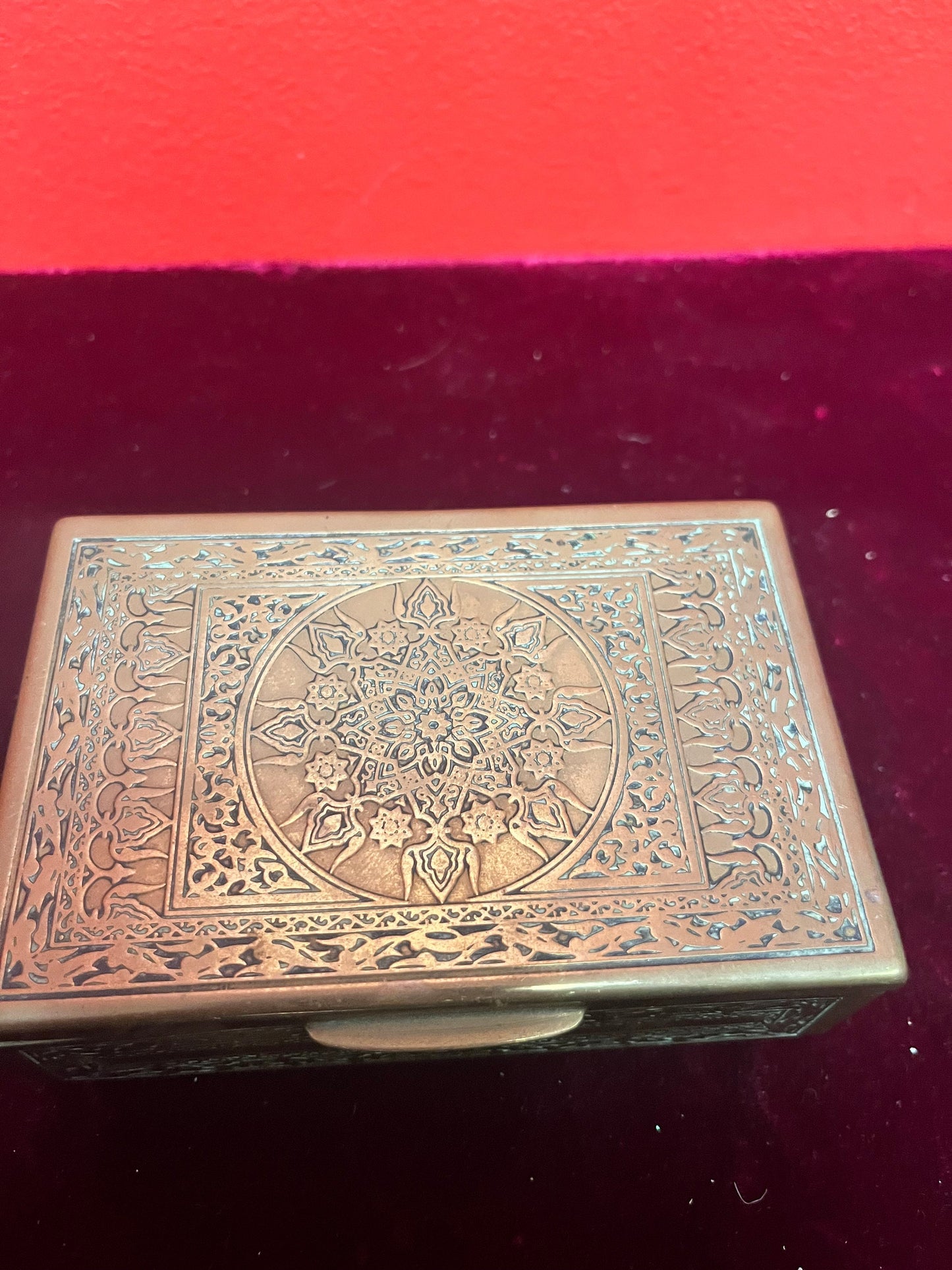 4 1/2 x 3 x 1 1/2 high ornate Asian brass box   lovely little gift