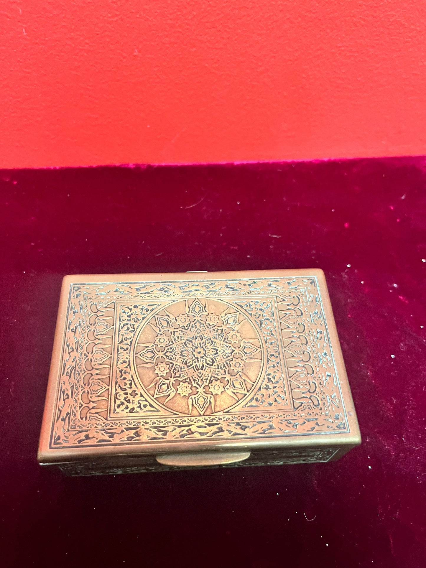 4 1/2 x 3 x 1 1/2 high ornate Asian brass box   lovely little gift