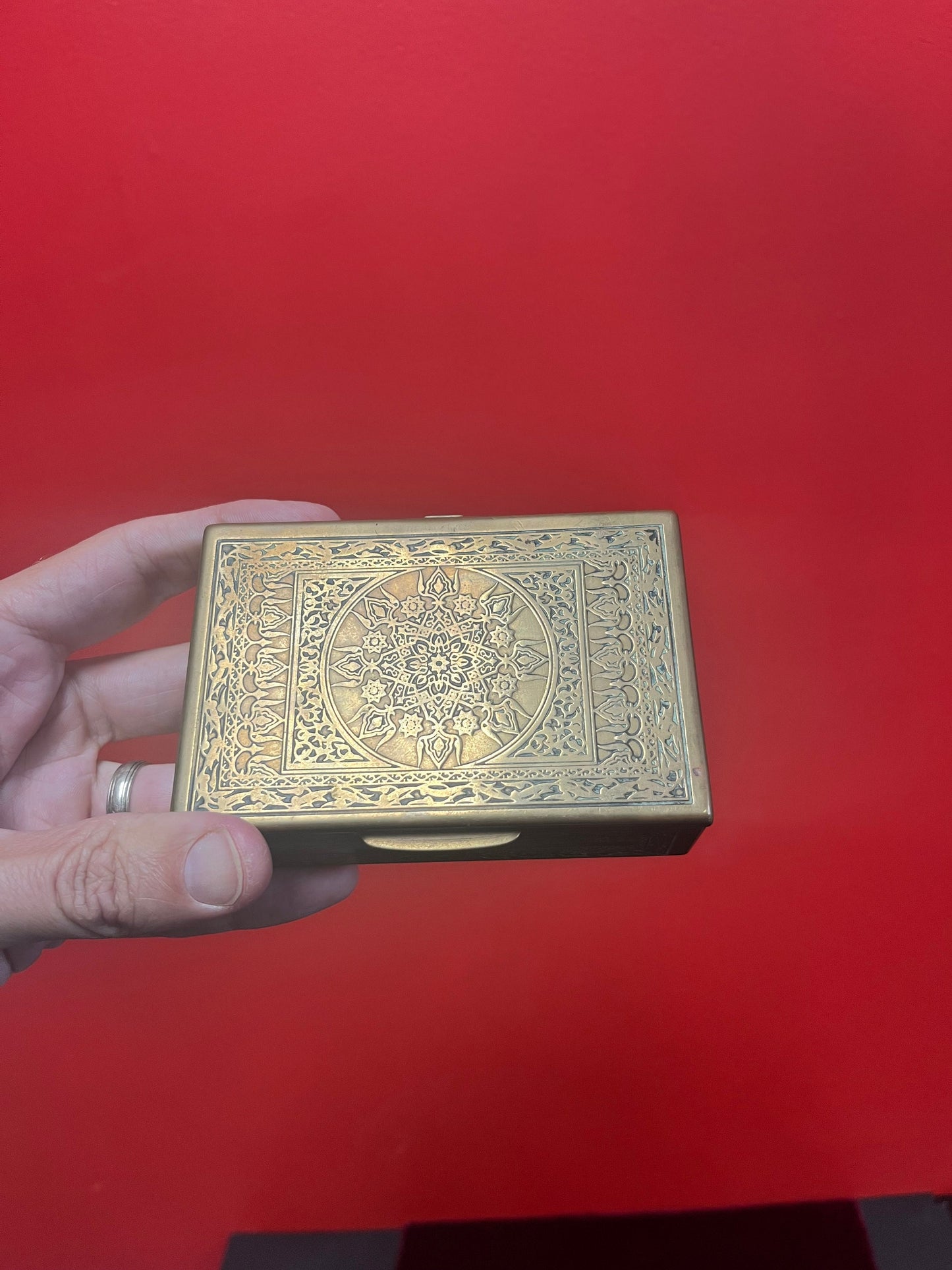 4 1/2 x 3 x 1 1/2 high ornate Asian brass box   lovely little gift