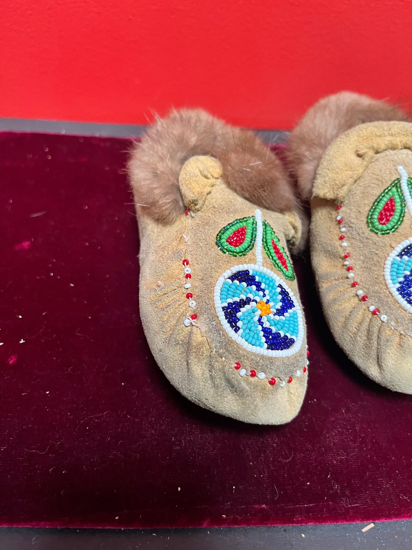 Small 6 inch long, indigenous First Nations leather and beaded moccasin shoes