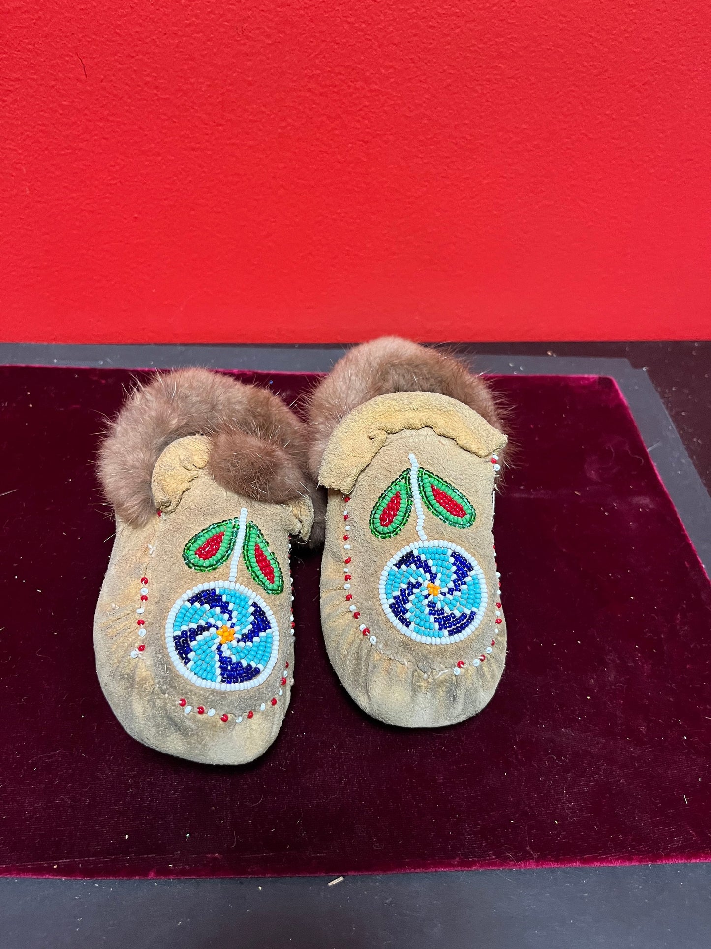 Small 6 inch long, indigenous First Nations leather and beaded moccasin shoes