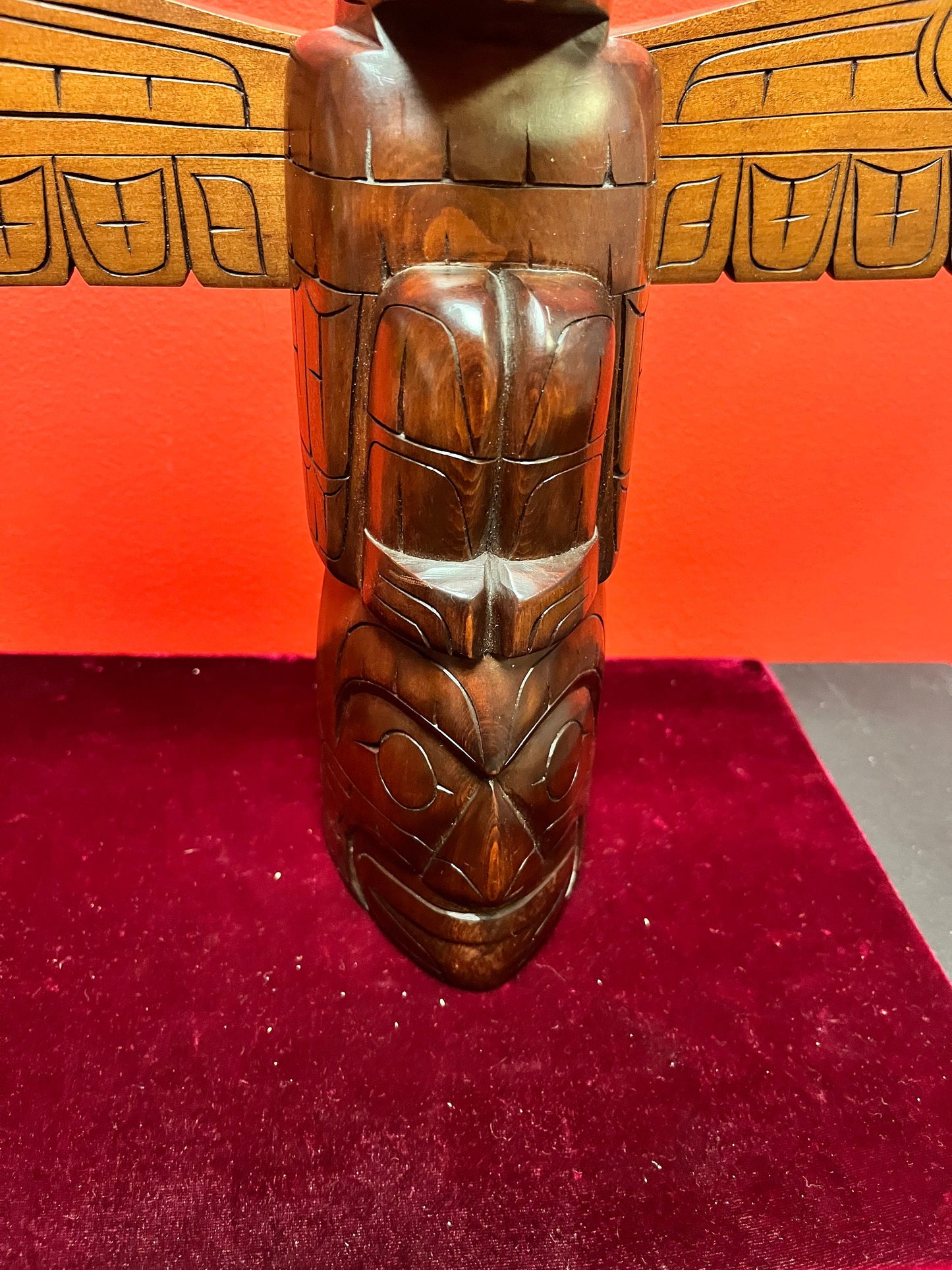 Stunning 11 x 15 wide stained cedar signed indigenous, first nations pacific northwest coast totem pole with wings  wow  great detail