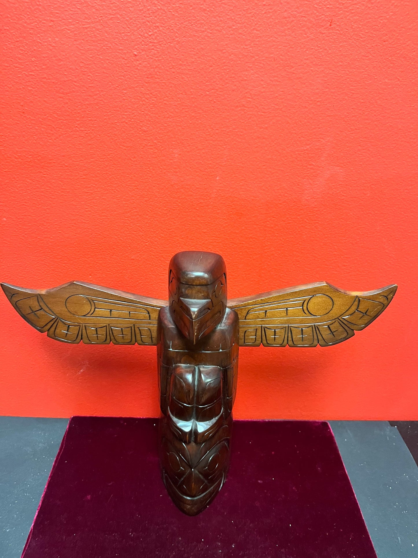 Stunning 11 x 15 wide stained cedar signed indigenous, first nations pacific northwest coast totem pole with wings  wow  great detail