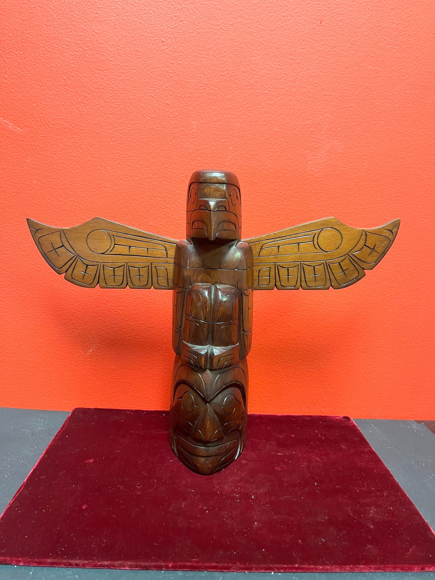 Stunning 11 x 15 wide stained cedar signed indigenous, first nations pacific northwest coast totem pole with wings  wow  great detail