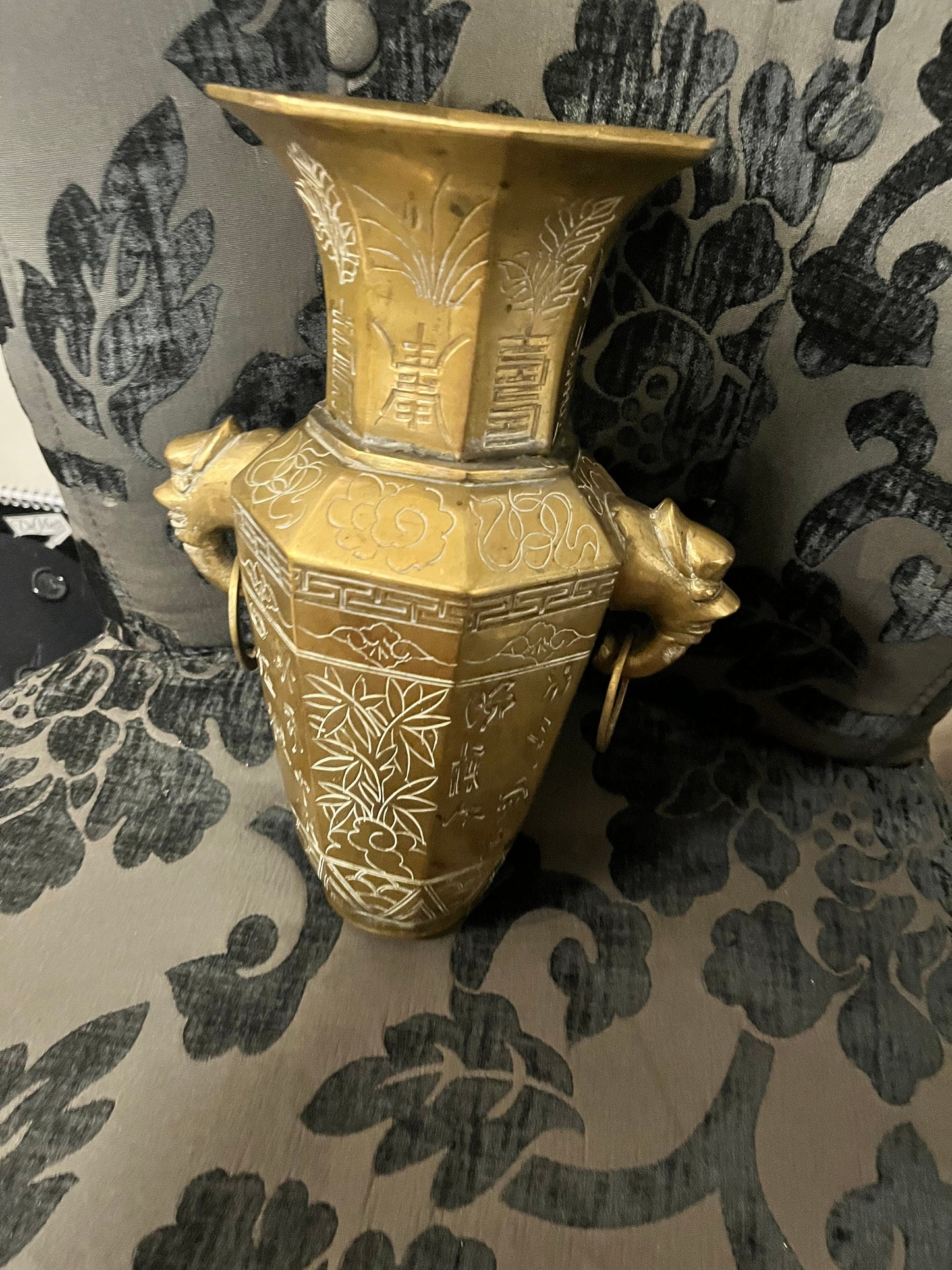 11 inch tall antique Chinese brass vase with elephant handles