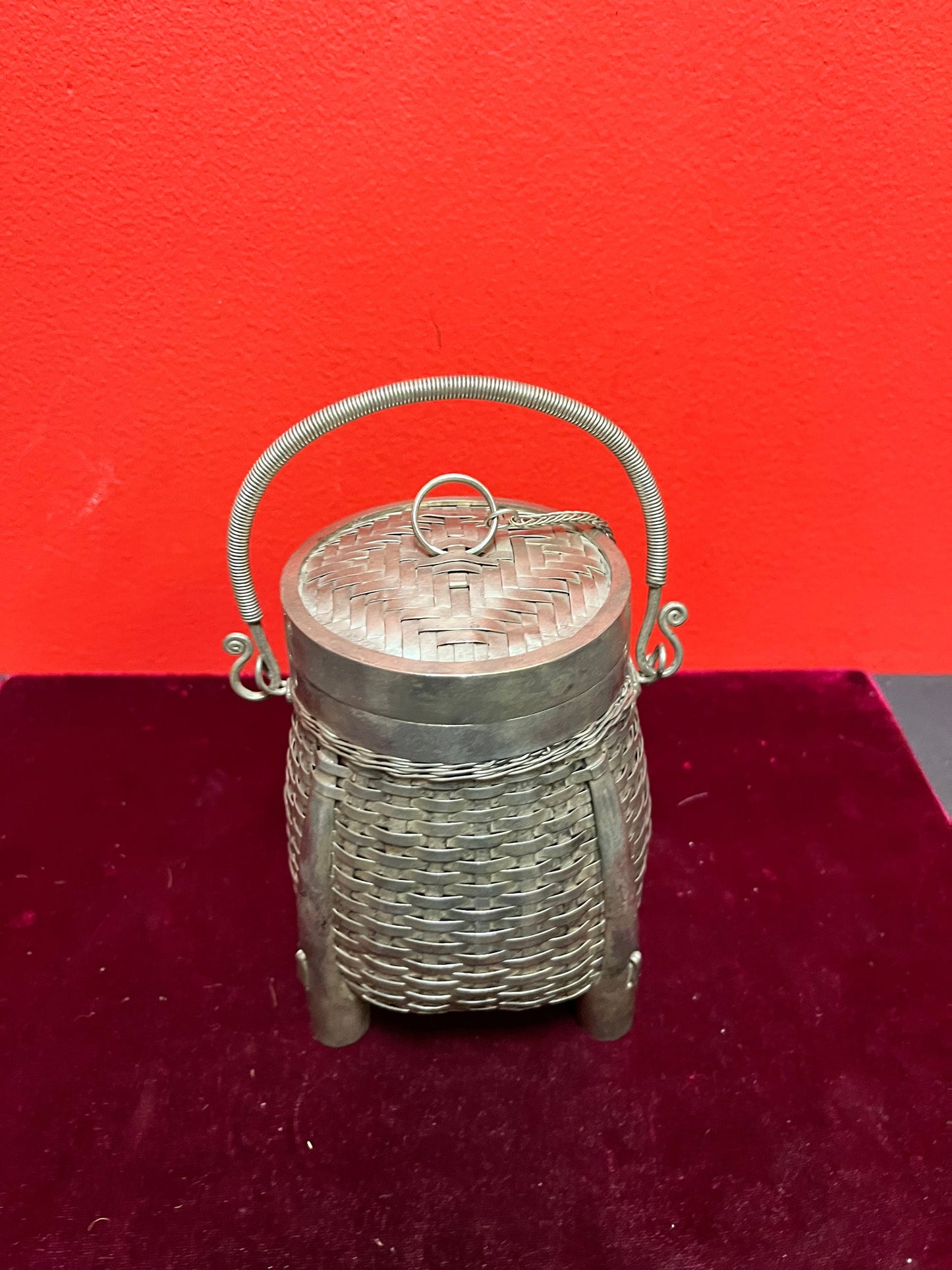 8 inch tall Chinese silver basket box  unmarked