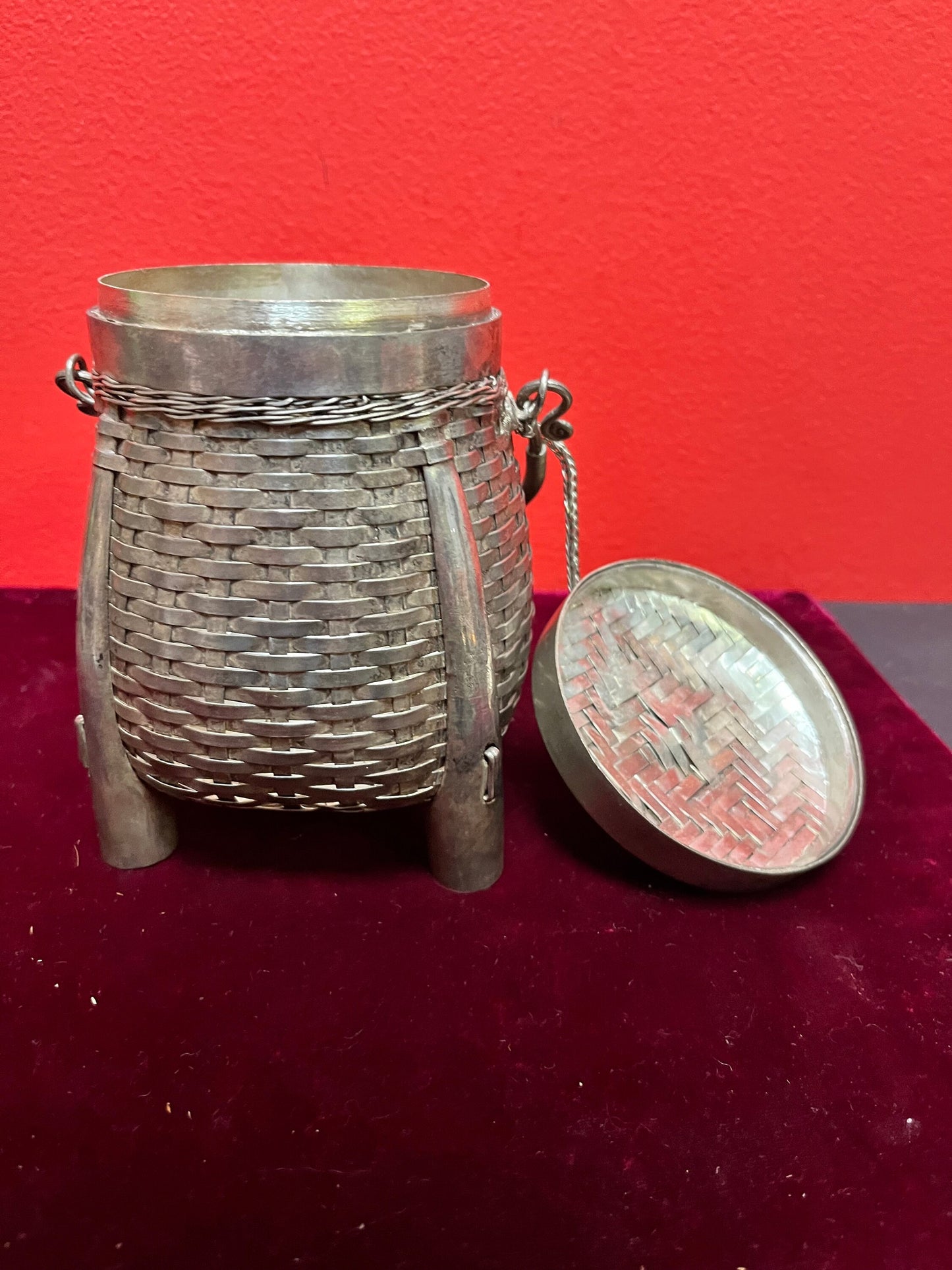 8 inch tall Chinese silver basket box  unmarked