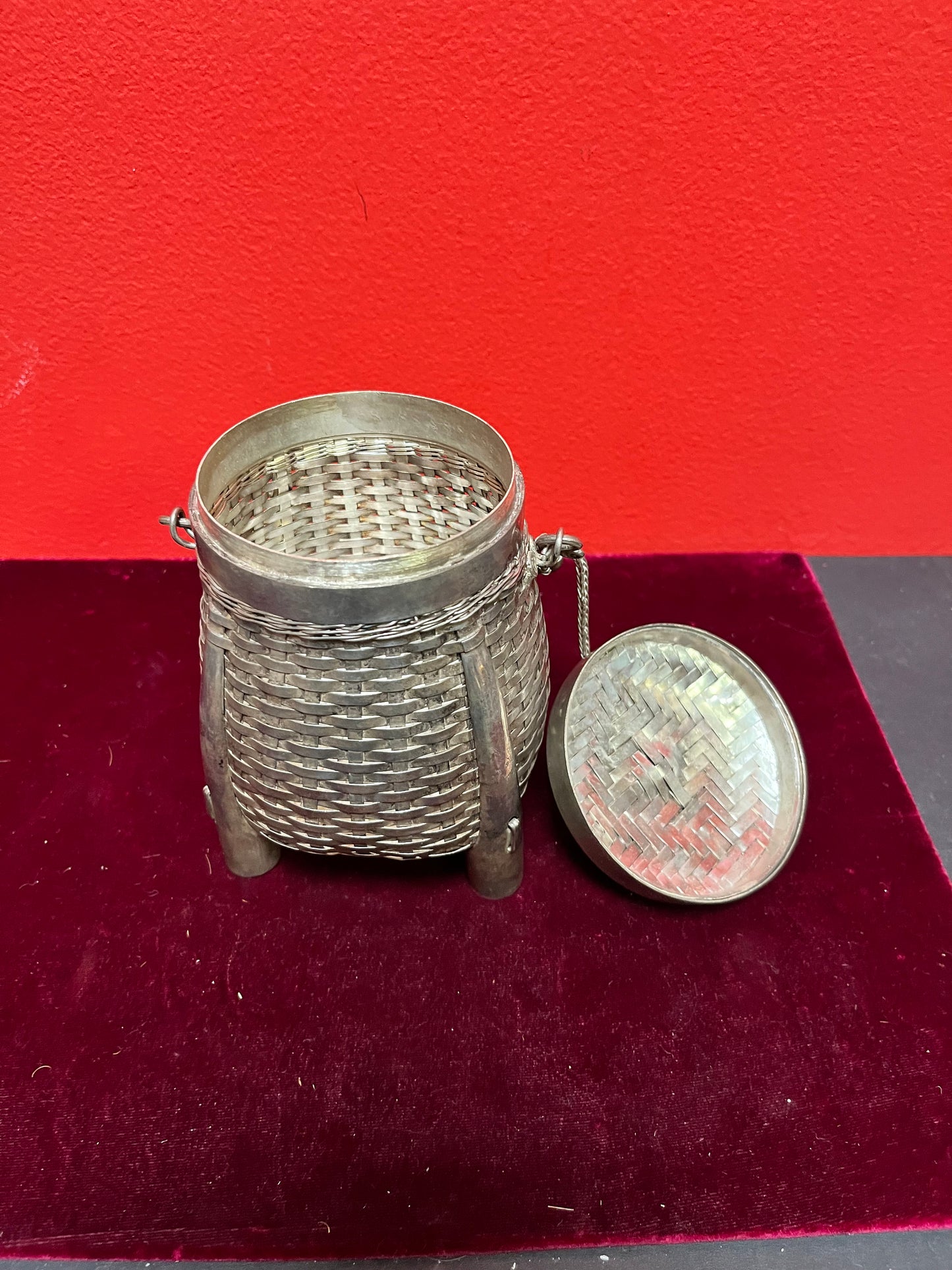 8 inch tall Chinese silver basket box  unmarked