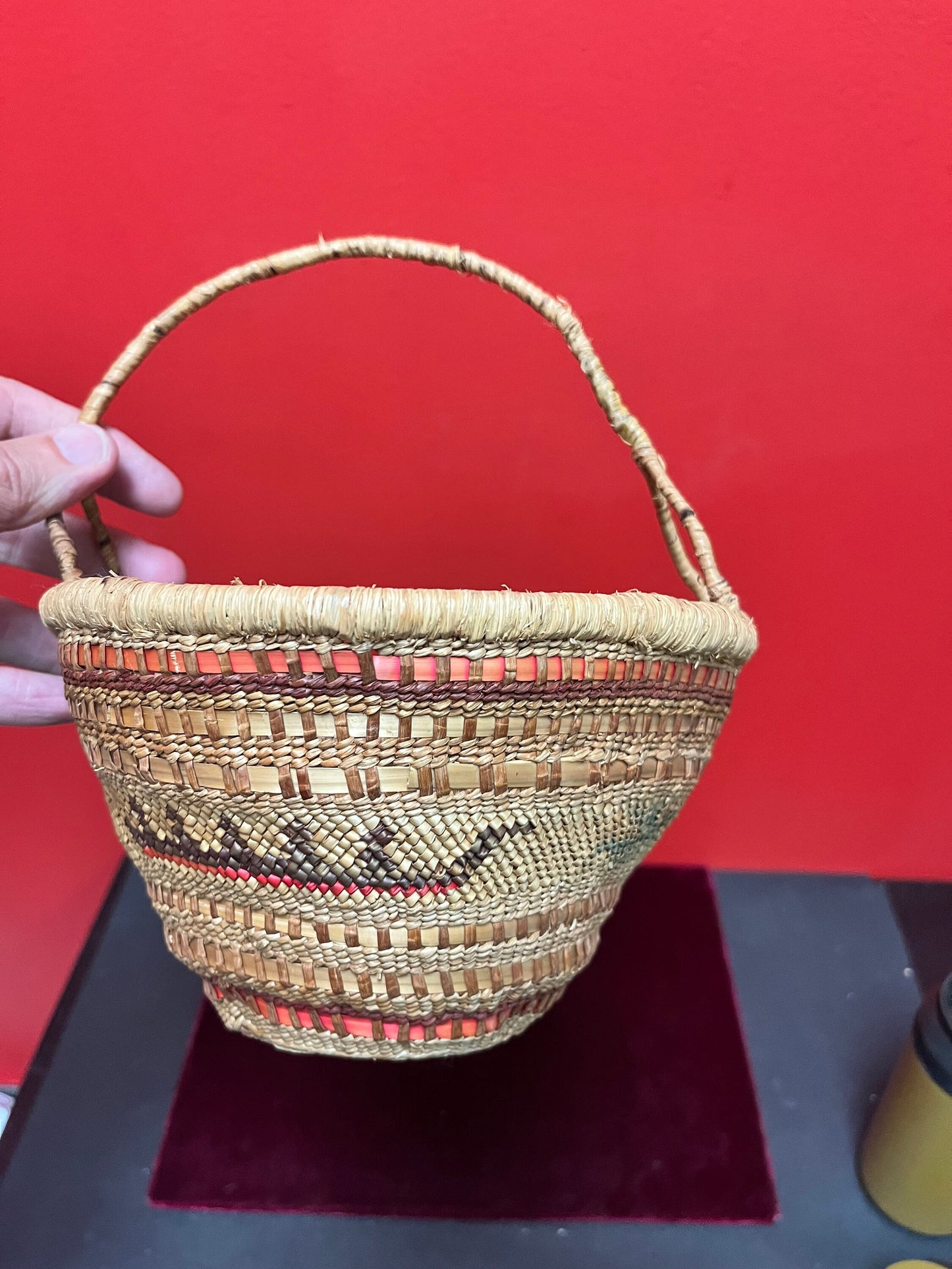 Stunning 8 x 10 high  indigenous Canadian native antique woven basket with delicious handle  wow