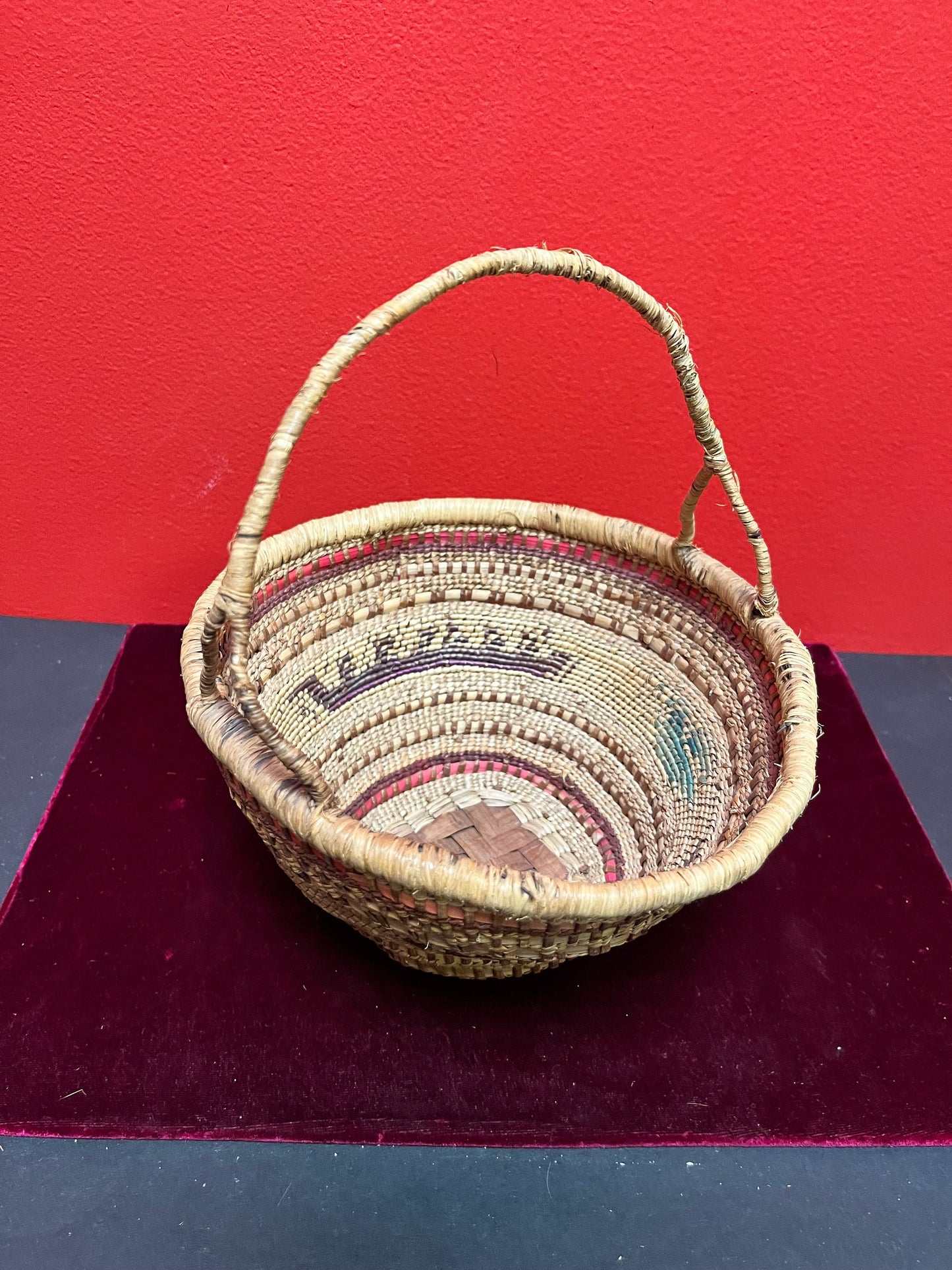 Stunning 8 x 10 high  indigenous Canadian native antique woven basket with delicious handle  wow