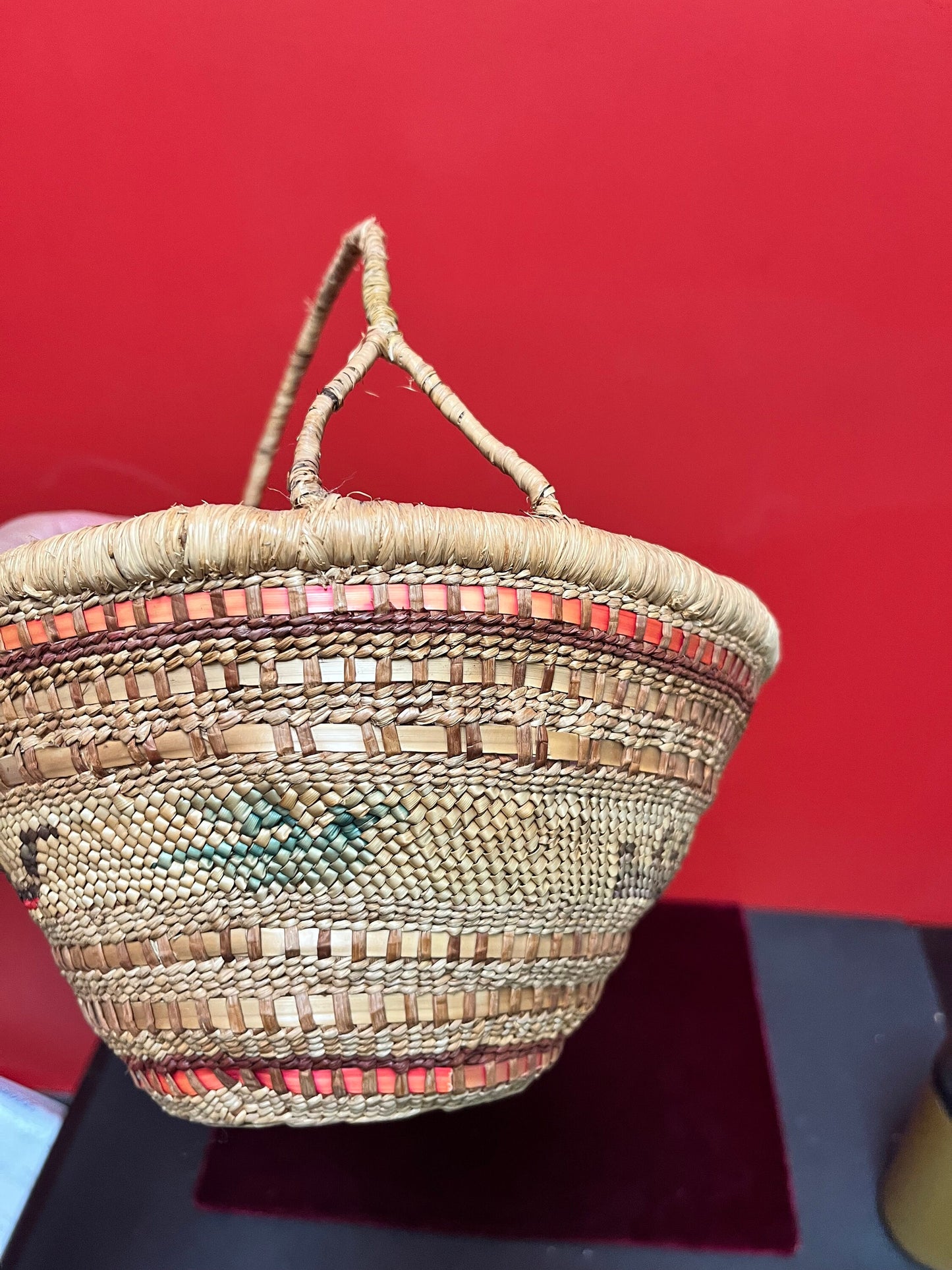 Stunning 8 x 10 high  indigenous Canadian native antique woven basket with delicious handle  wow