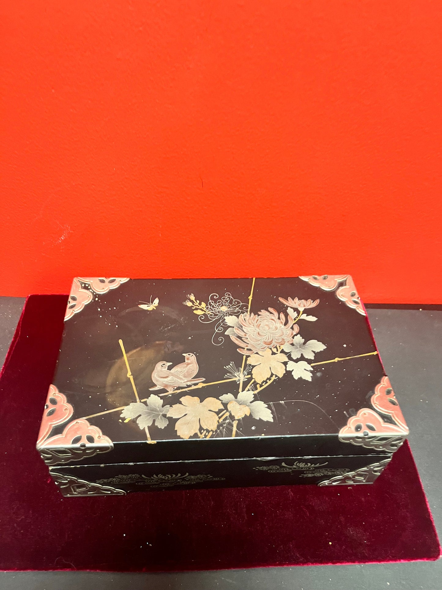 9.5 x 5.5 x 3 inches high signed Japanese  silver and wood box  couple scratches and marks   beautiful piece