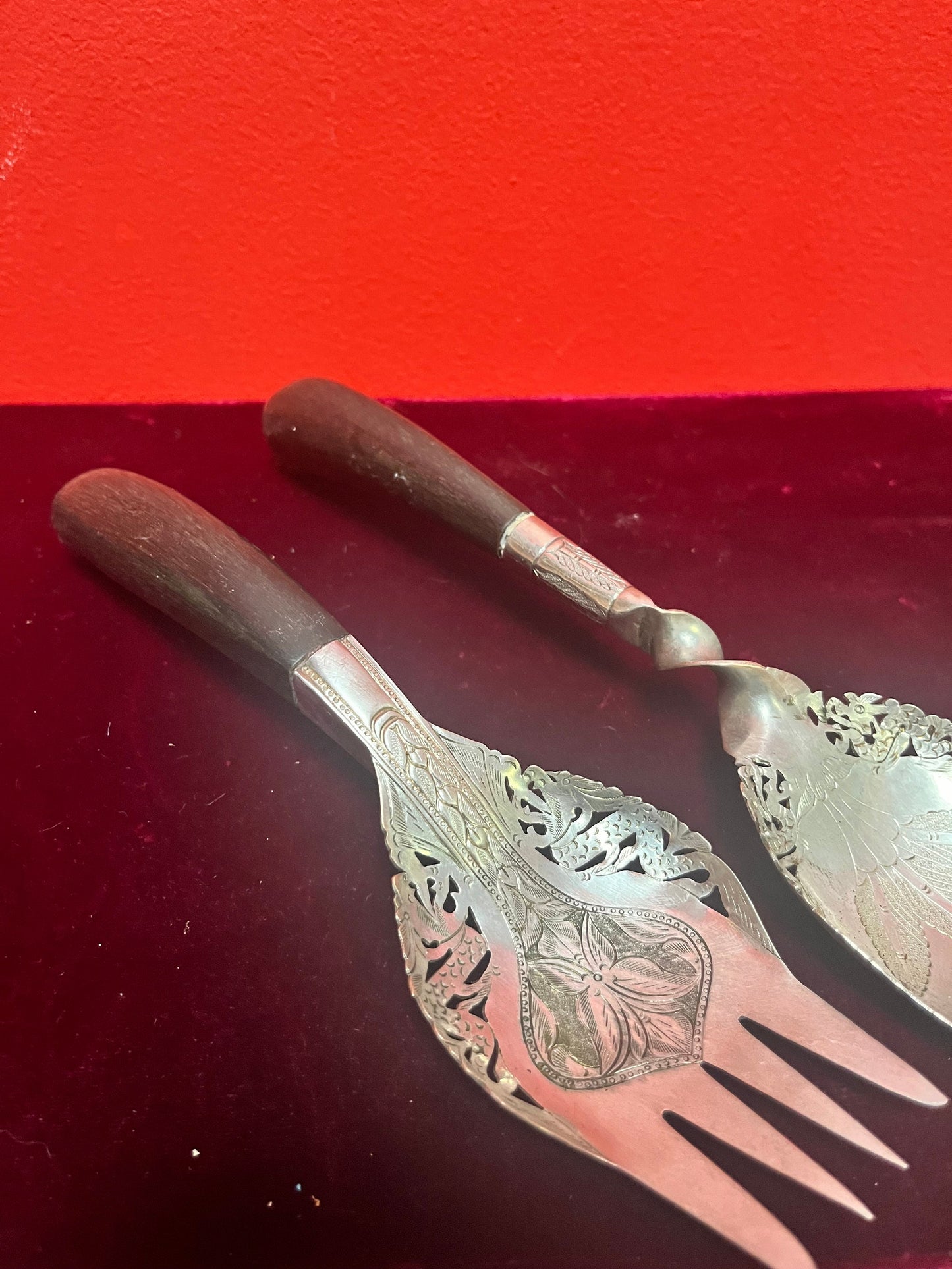 A  Pair lovely Southeast Asian silver and horn salad servers  marked  9 and 10 inches long  great gift