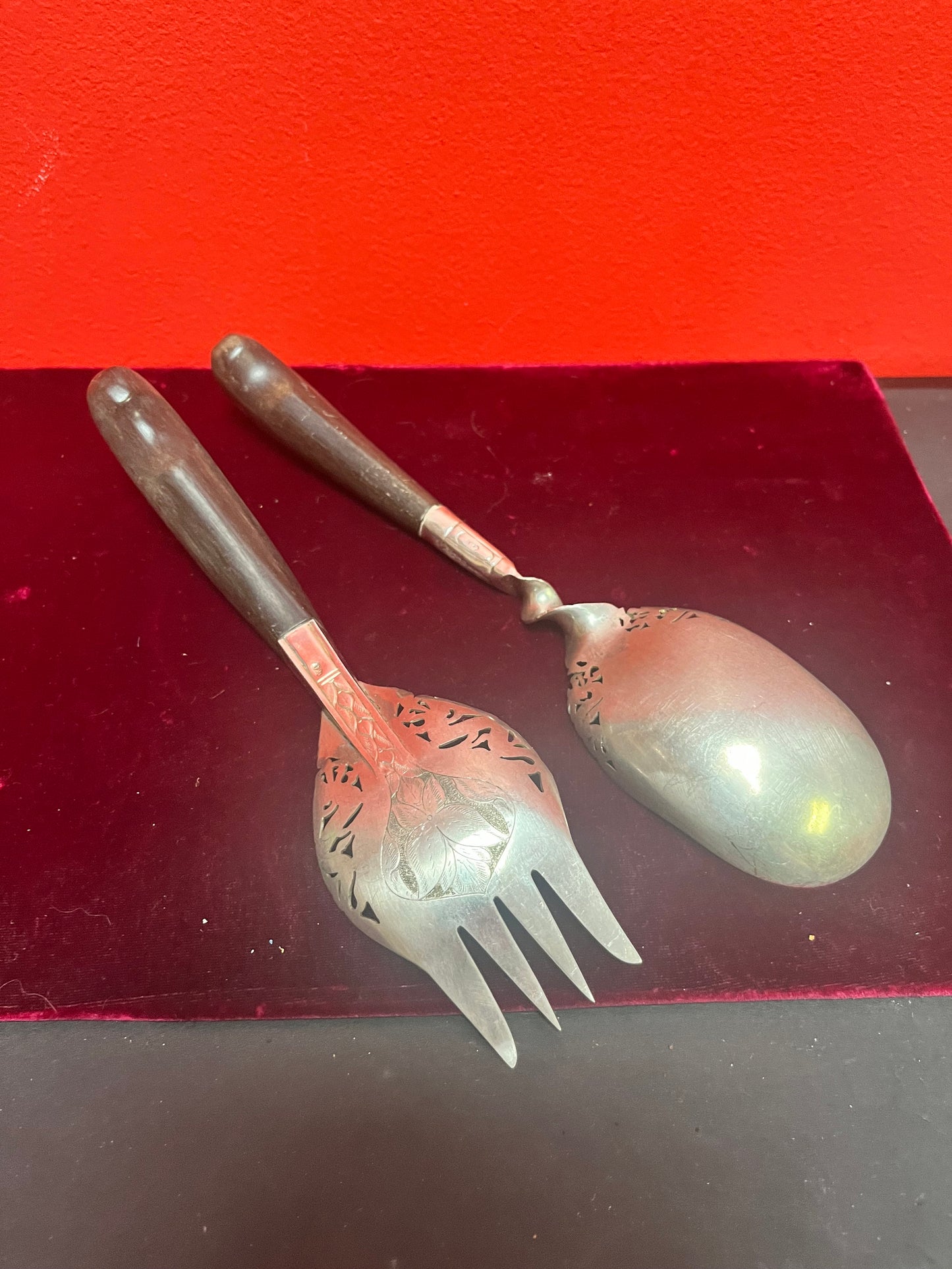 A  Pair lovely Southeast Asian silver and horn salad servers  marked  9 and 10 inches long  great gift