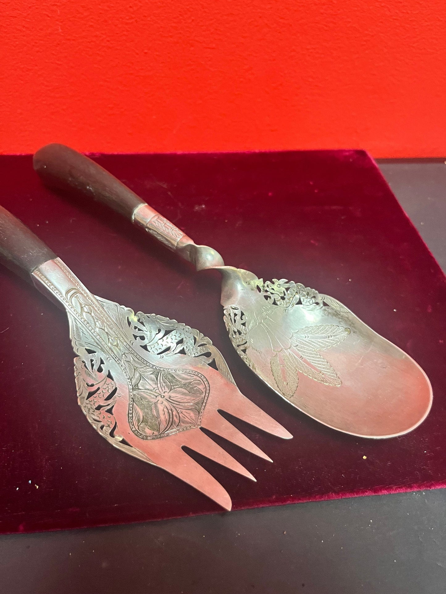 A  Pair lovely Southeast Asian silver and horn salad servers  marked  9 and 10 inches long  great gift