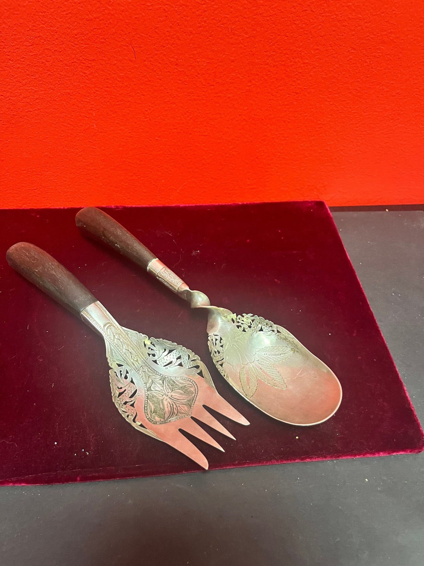 A  Pair lovely Southeast Asian silver and horn salad servers  marked  9 and 10 inches long  great gift