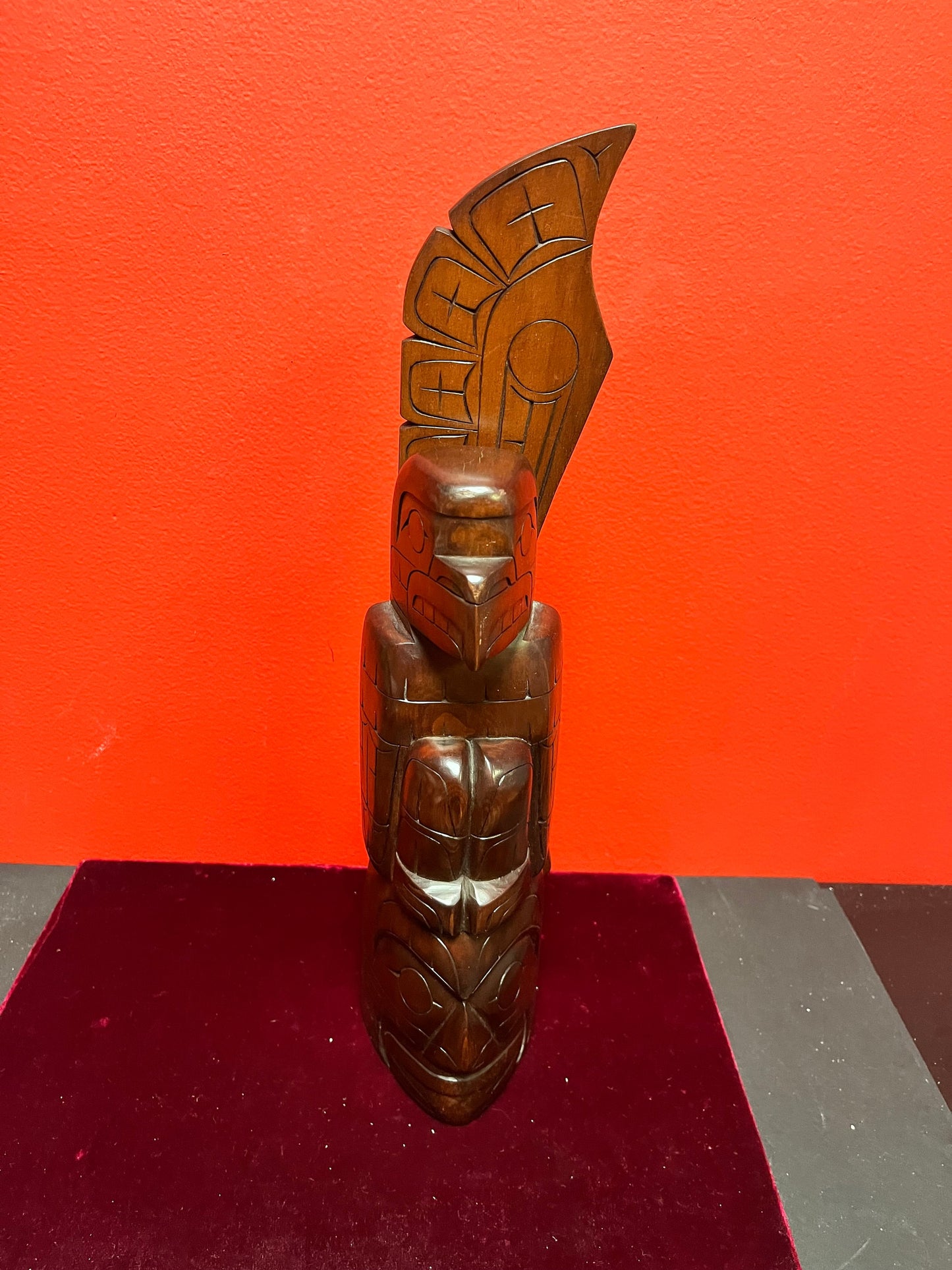 Stunning 11 x 15 wide stained cedar signed indigenous, first nations pacific northwest coast totem pole with wings  wow  great detail