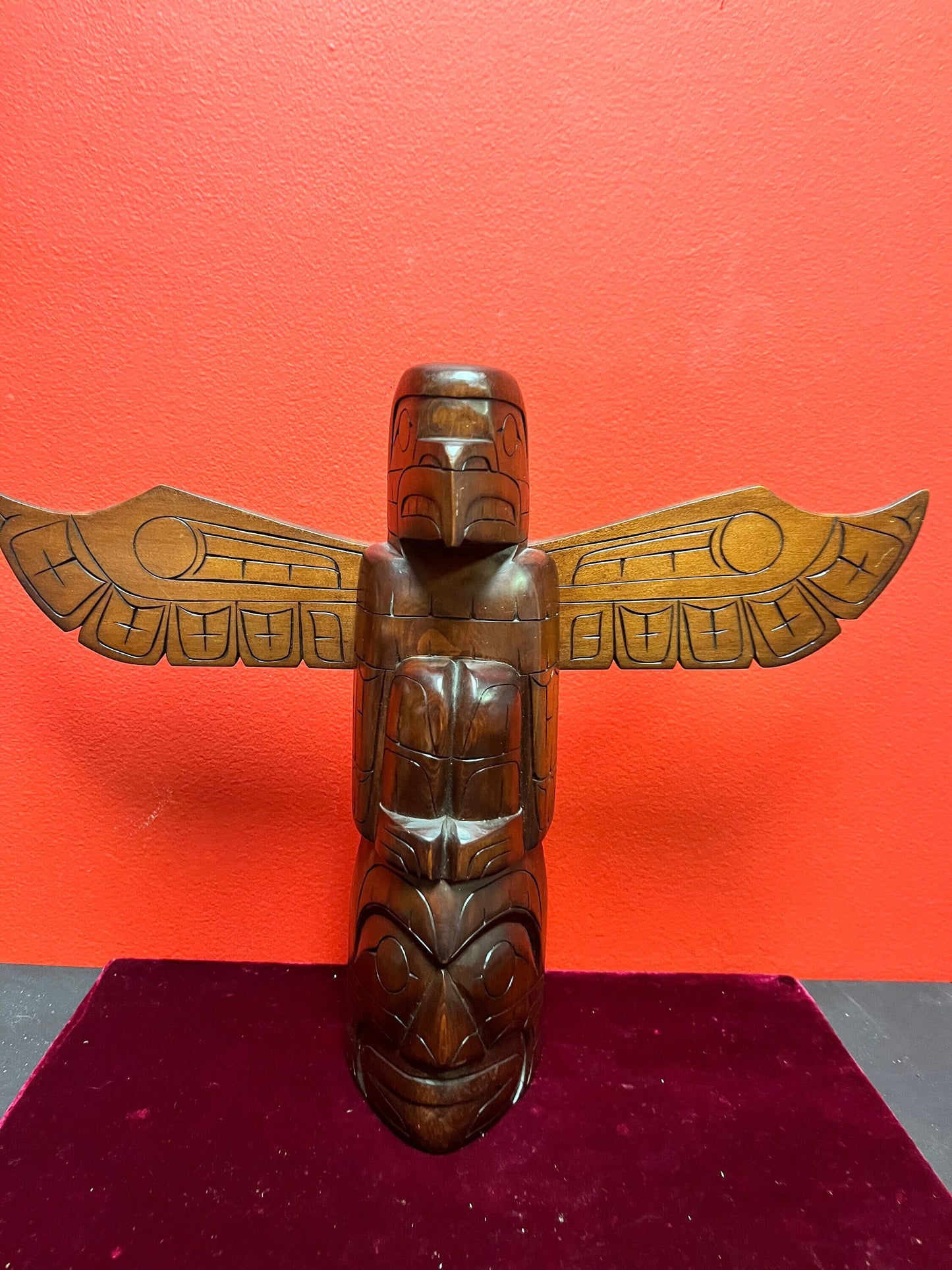 Stunning 11 x 15 wide stained cedar signed indigenous, first nations pacific northwest coast totem pole with wings  wow  great detail