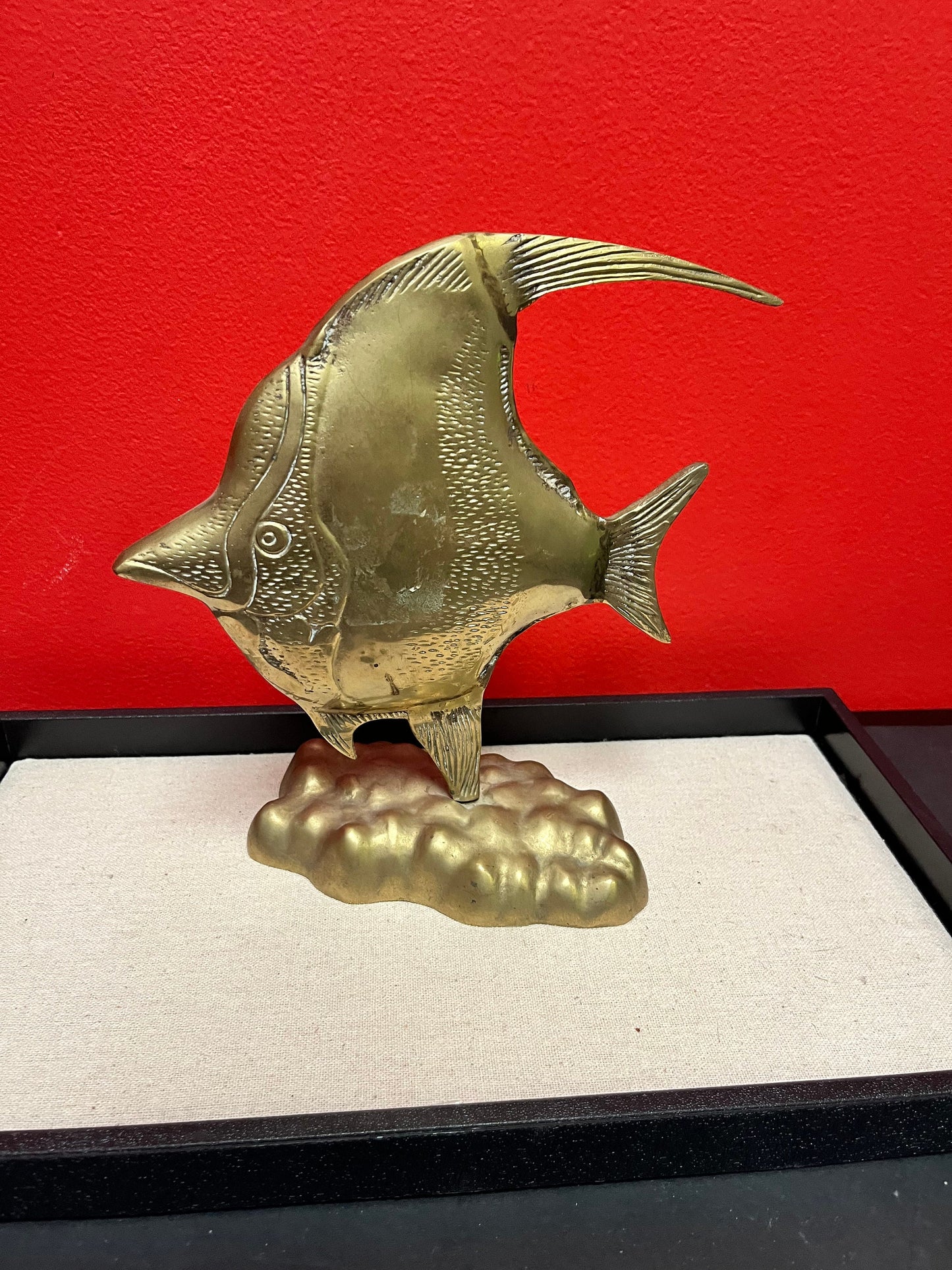 9 inch tall heavy brass fish on stand