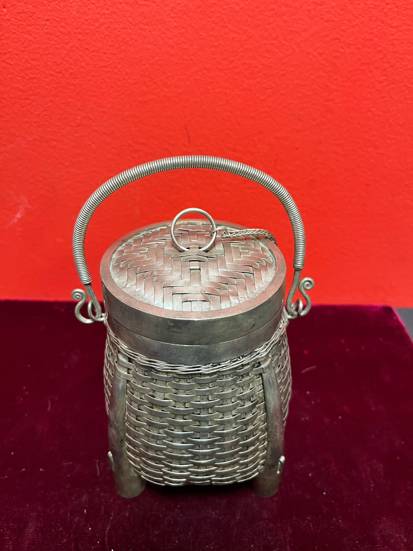 8 inch tall Chinese silver basket box  unmarked