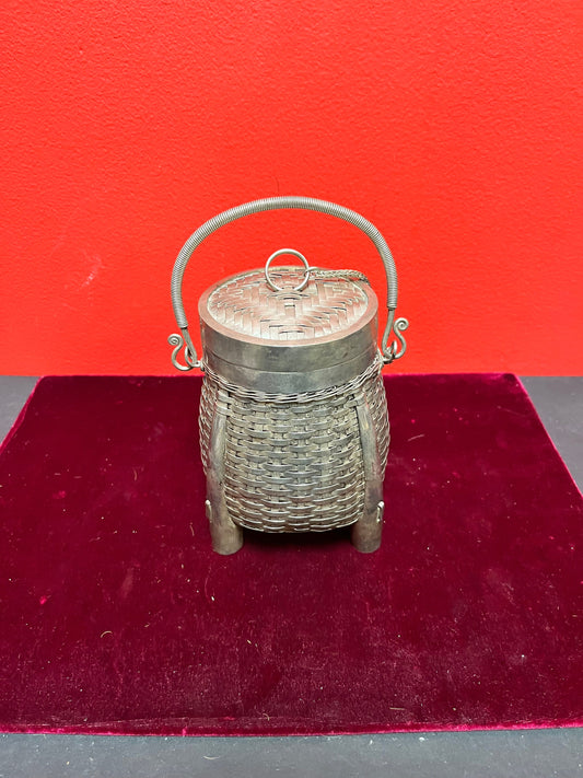 8 inch tall Chinese silver basket box  unmarked