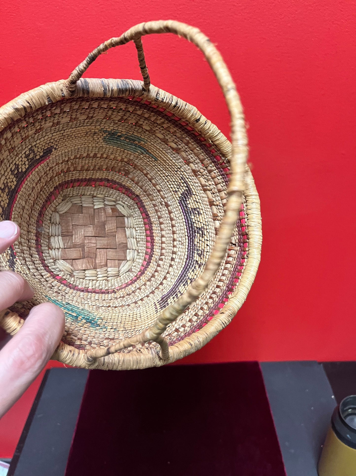 Stunning 8 x 10 high  indigenous Canadian native antique woven basket with delicious handle  wow