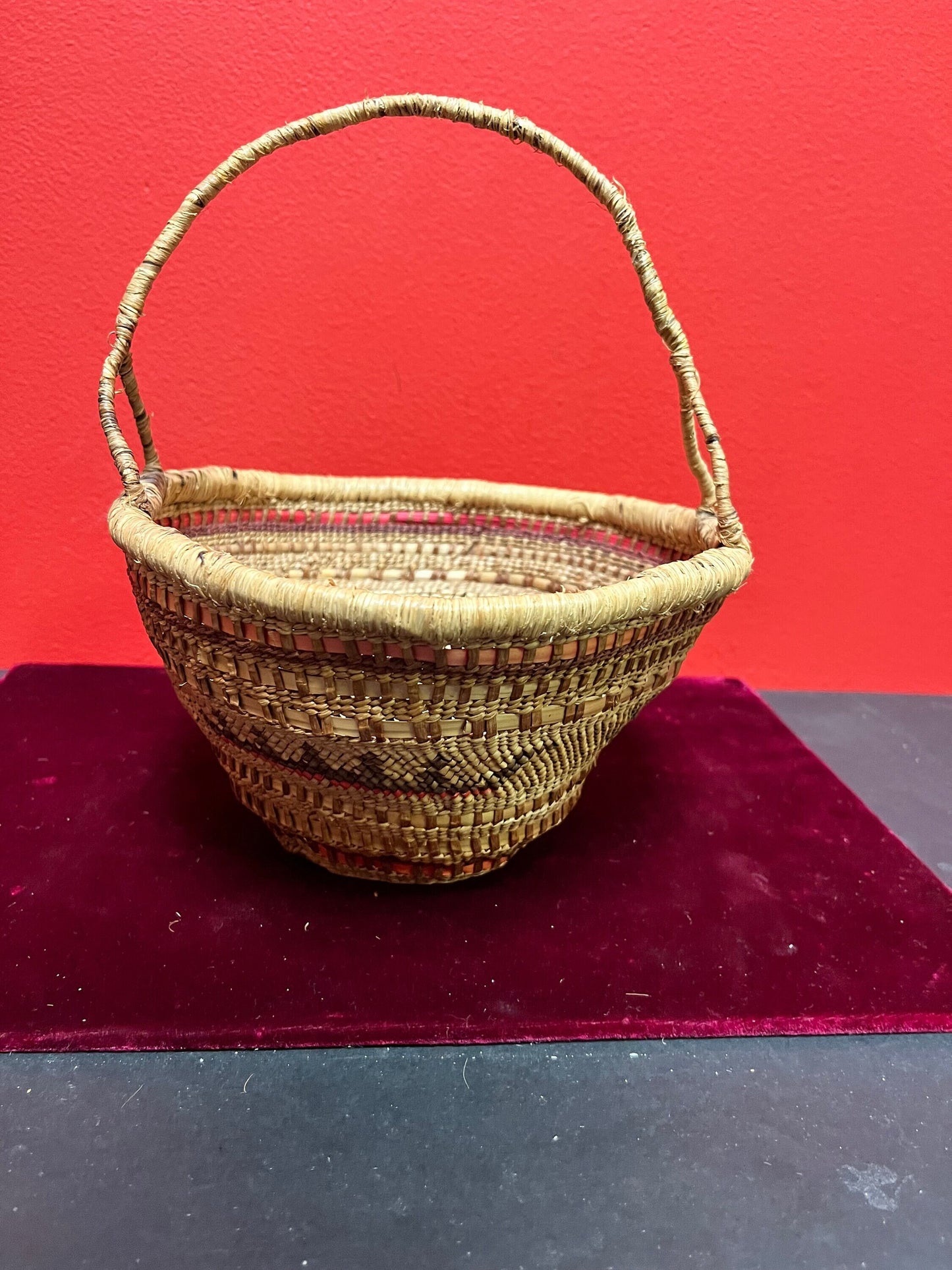 Stunning 8 x 10 high  indigenous Canadian native antique woven basket with delicious handle  wow