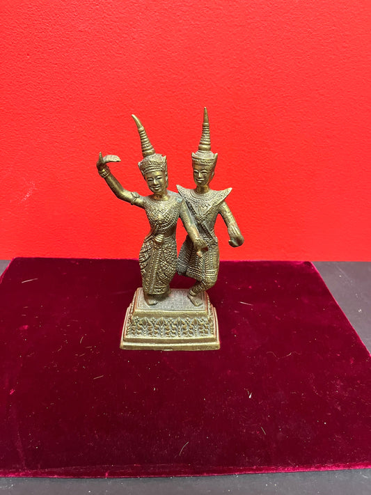 8 inch tall antique Southeast Asian  heavy brass statue of ceremonial dancers  beauty