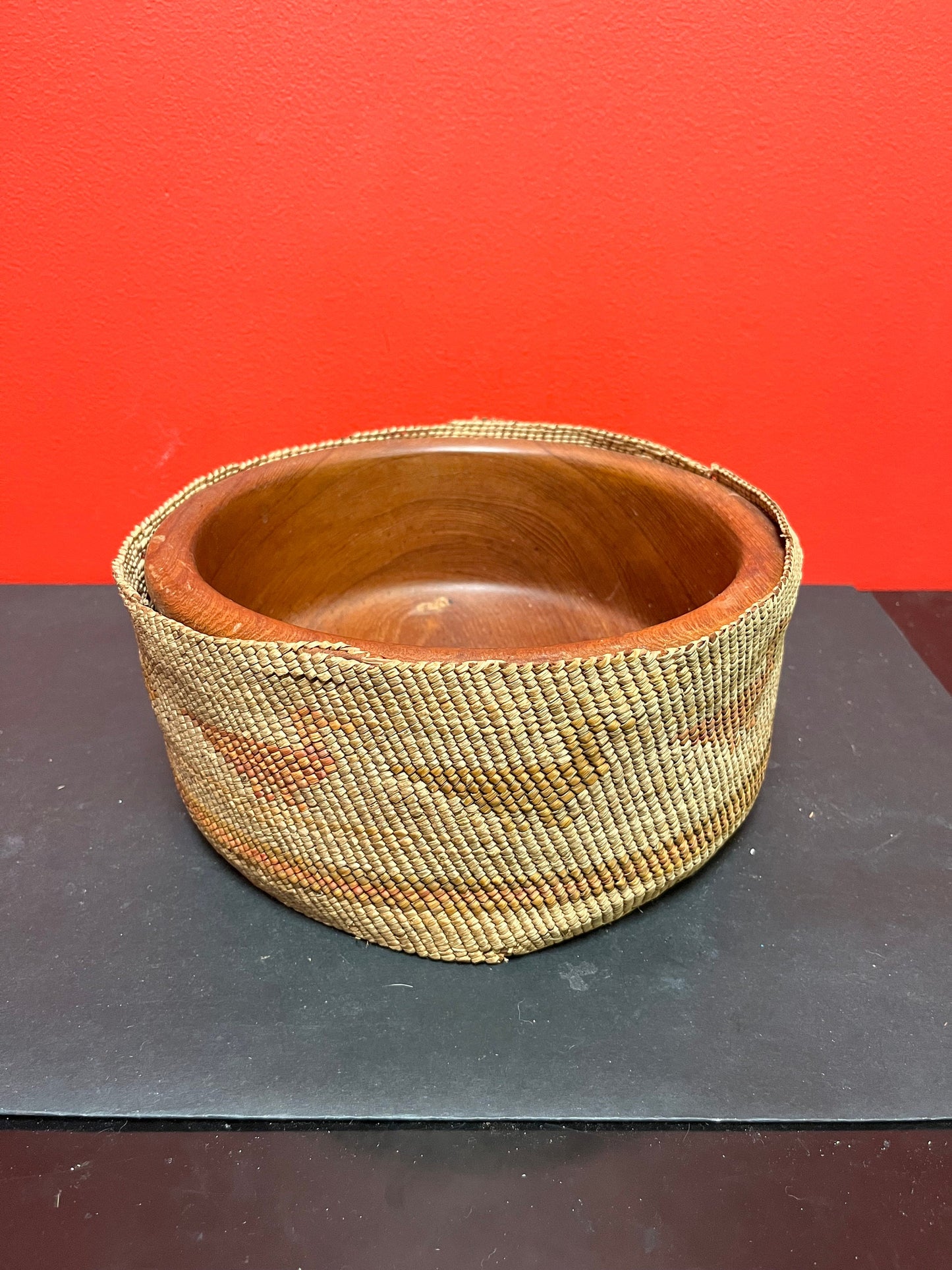 Stunning 10 x 4 1/2 inch high danish teak bowl with an Indigenous First Nations woven and cedar bark antique cover - see photos - wow