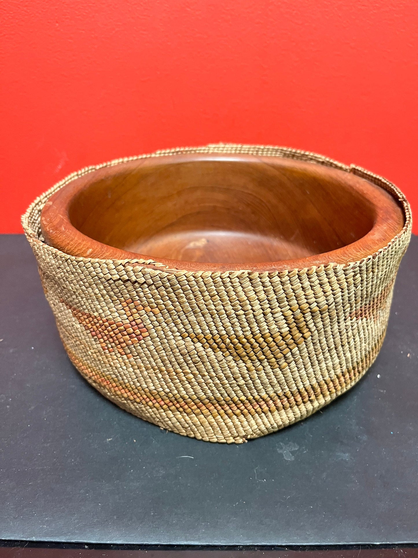 Stunning 10 x 4 1/2 inch high danish teak bowl with an Indigenous First Nations woven and cedar bark antique cover - see photos - wow