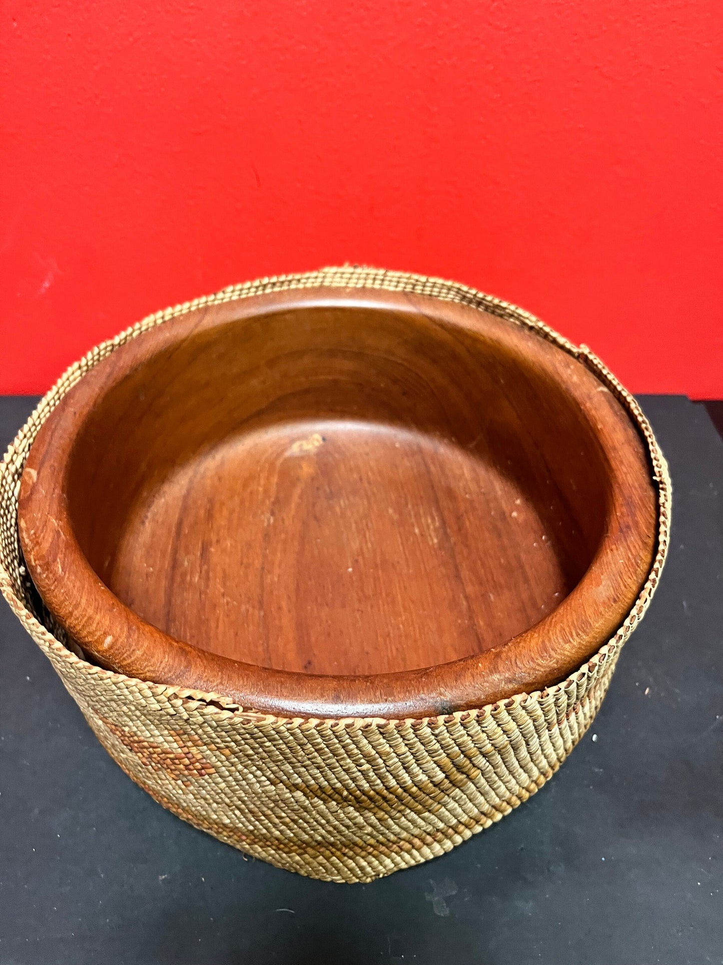 Stunning 10 x 4 1/2 inch high danish teak bowl with an Indigenous First Nations woven and cedar bark antique cover - see photos - wow